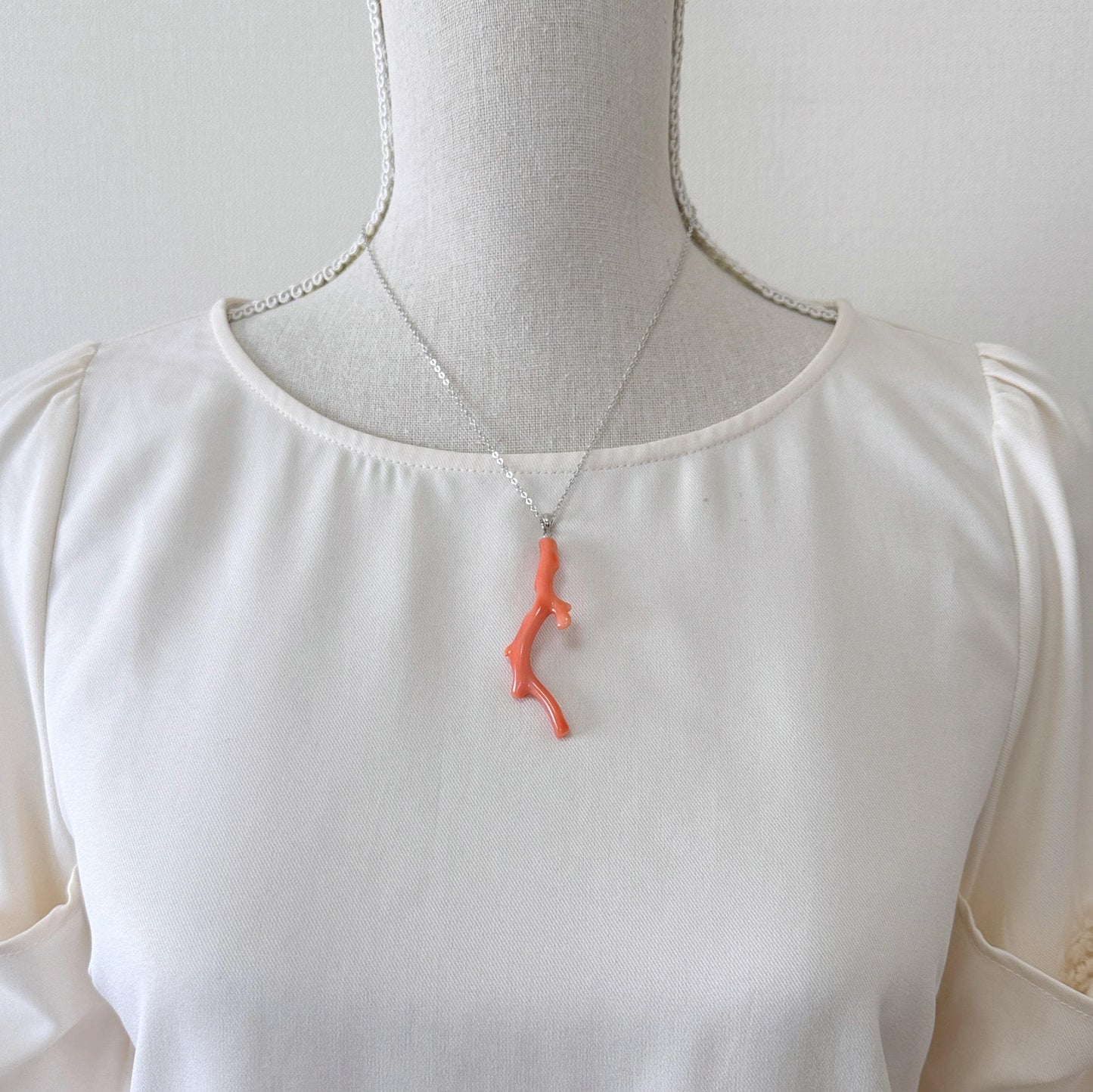 Natural Deep Sea Coral Branch Pendant, 55mm, Natural Orange/Pink color coral branch pendant, Silver (Rhodium-Plated) bail