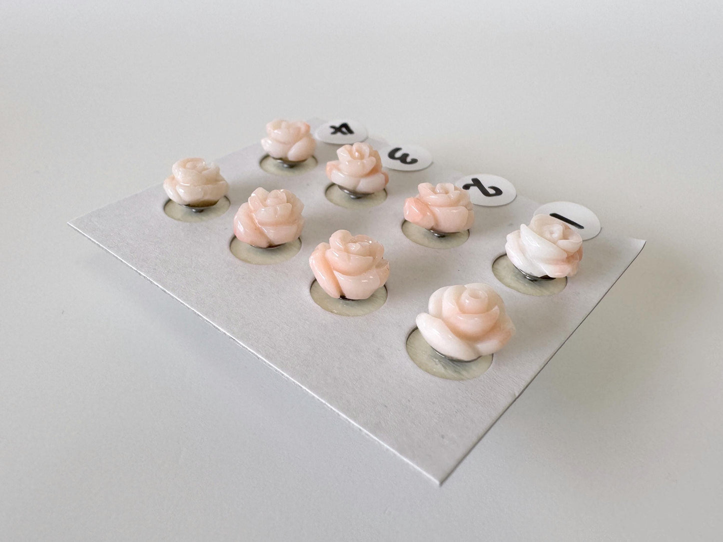 Hand-Carved Coral Rose Stud Earrings: Titanium Posts, Pink & White