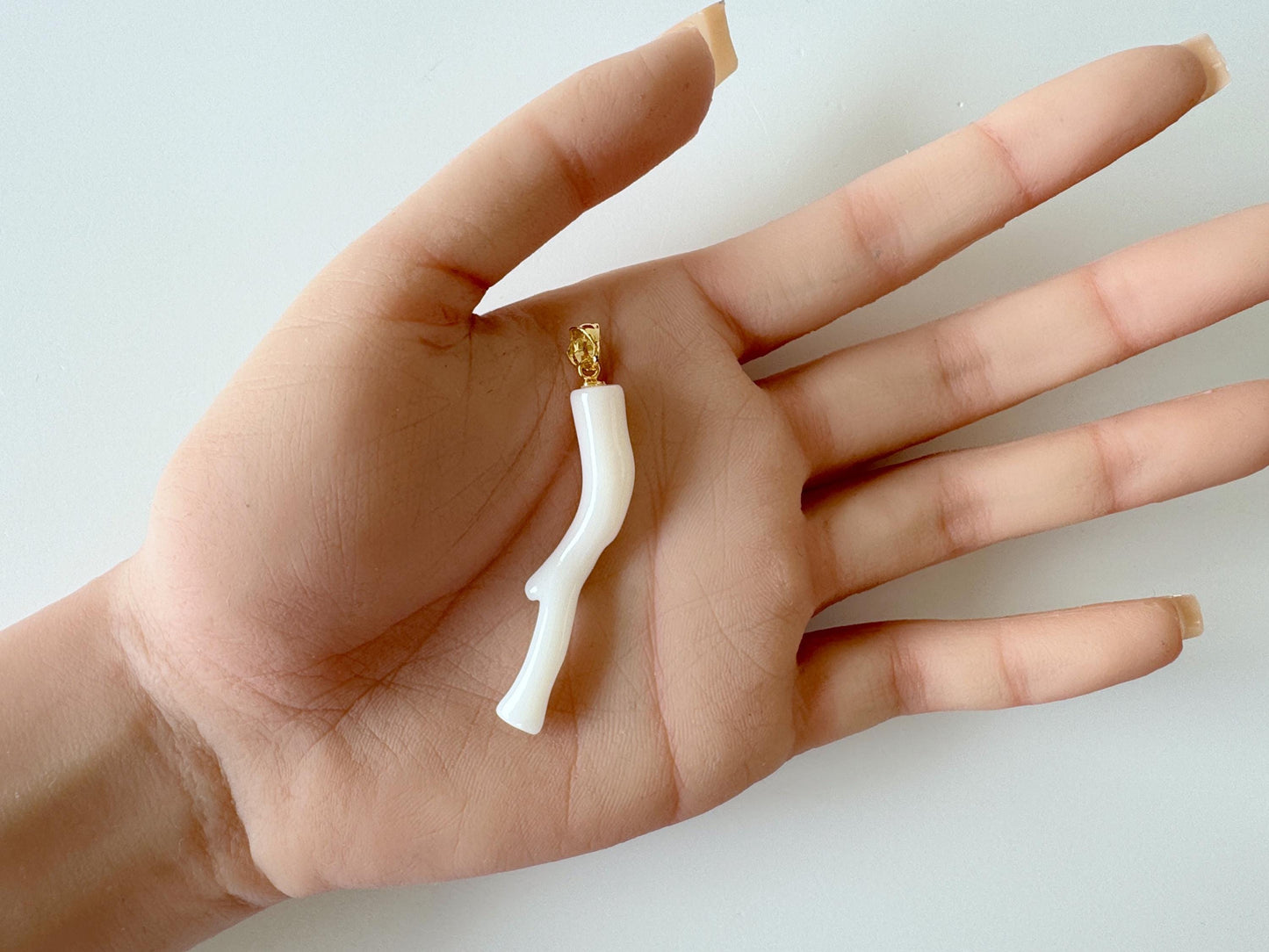 Natural Japanese White Coral Branch Pendant, 47mm, Natural White color genuine precious coral, Silver Bail (Gold-Plated)