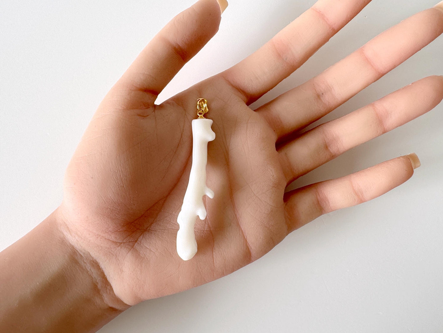 Natural Japanese White Coral Branch Pendant, 55mm, Natural White color genuine precious coral, Silver Bail (Gold-Plated)