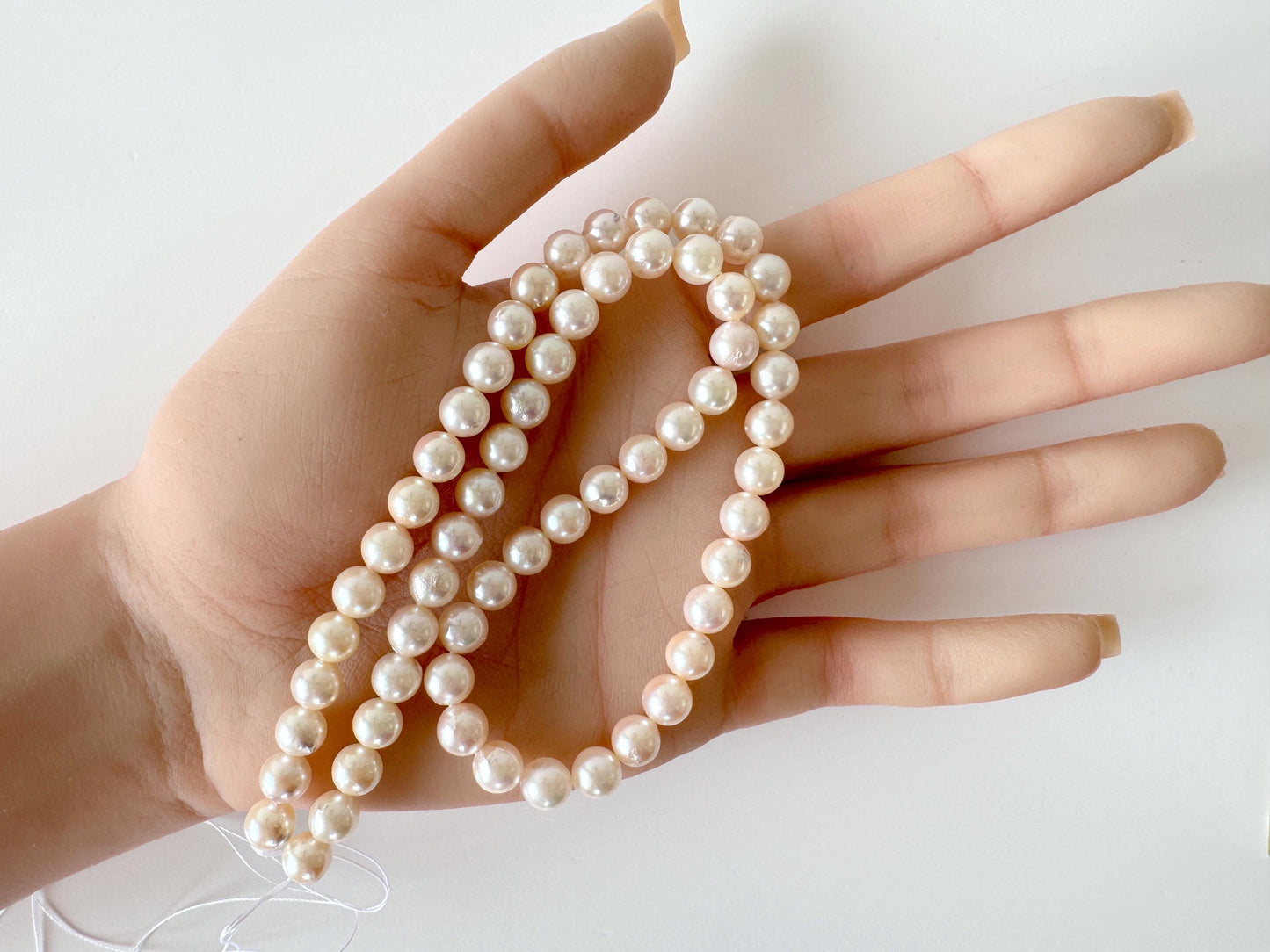 6.5-7mm Japanese White/Pink Akoya Pearl Beads, Genuine Akoya Pearl, Full Strand, 40cm , 15.7", Cultured Salt water pearl