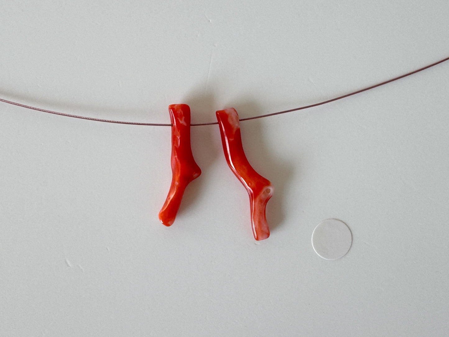Japanese red(Aka) coral branch set for 2pcs, 22-25mm, side full hole, natural red color coral for jewelry making
