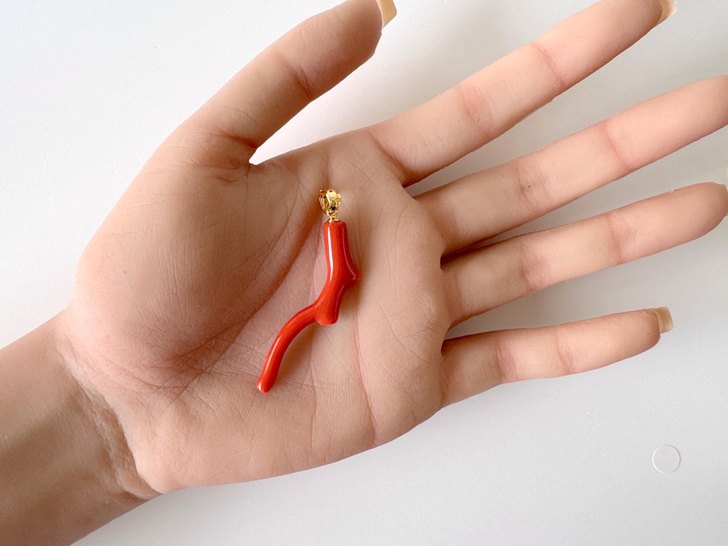 Natural Momo coral branch pendant, 45mm, Natural Japanese dark orange/Vermilion color coral branch pendant, Silver (Gold-Plated) bail