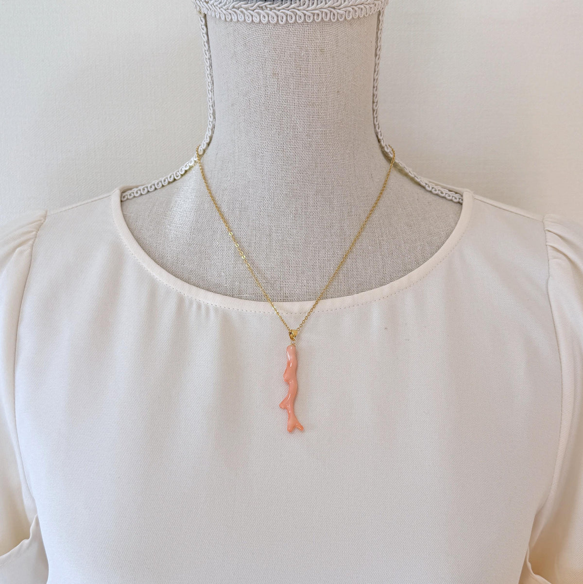 Coral Branch Pendant: Natural Pink Orange Deep Sea Coral - Gold-Plated Silver Bail, 45mm Length