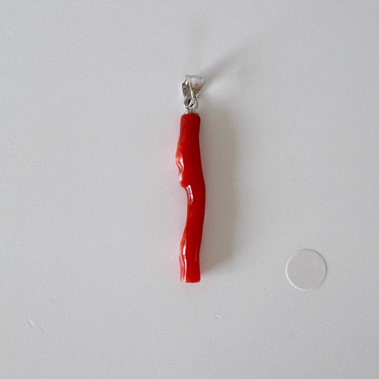 Natural Red (Aka) Coral Branch Pendant, Natural Color Japanese Coral, Length 31mm, Silver bail (rhodium plated)