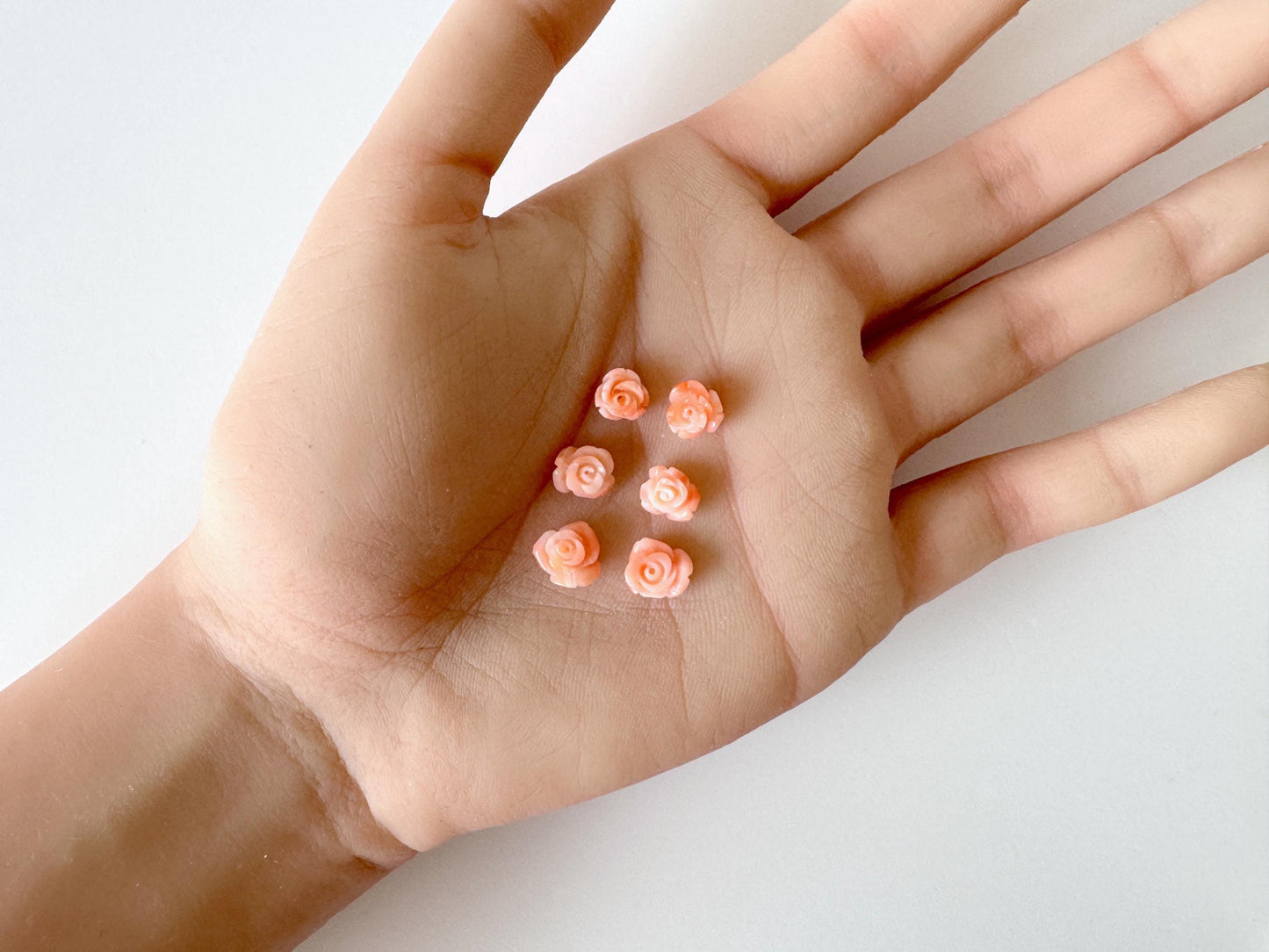 Pink Coral Rose Carvings Handmade Beads, Natural Deep Sea Coral (Value Priced Set, Drilled Holes, 6pcs 8.5-9.5mm)