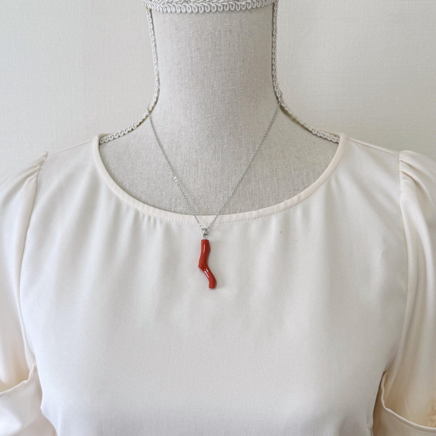 Momo Coral Branch Pendant: Japanese Coral Jewelry, Vermilion Orange (37mm, Rhodium-Plated Silver Bail)