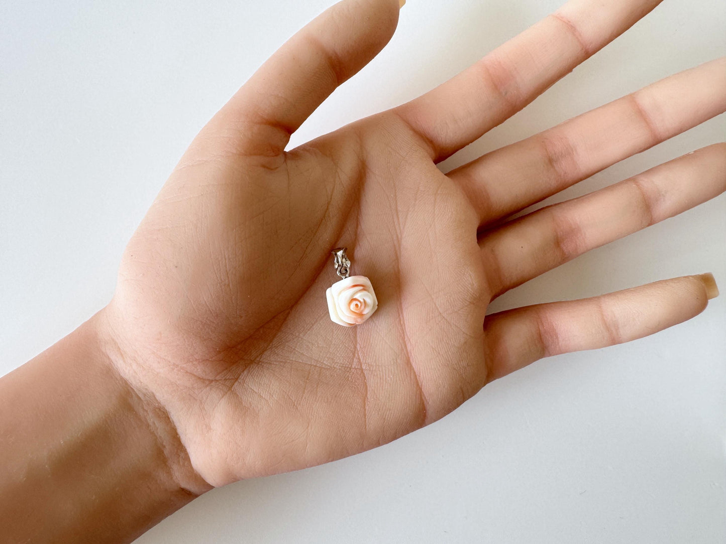 Deep Sea Coral Rose carved Pendant, 13.8x11.6mm, Natural Pink/White Color Coral, Silver (rhodium plated) bail, Genuine Coral Pendant