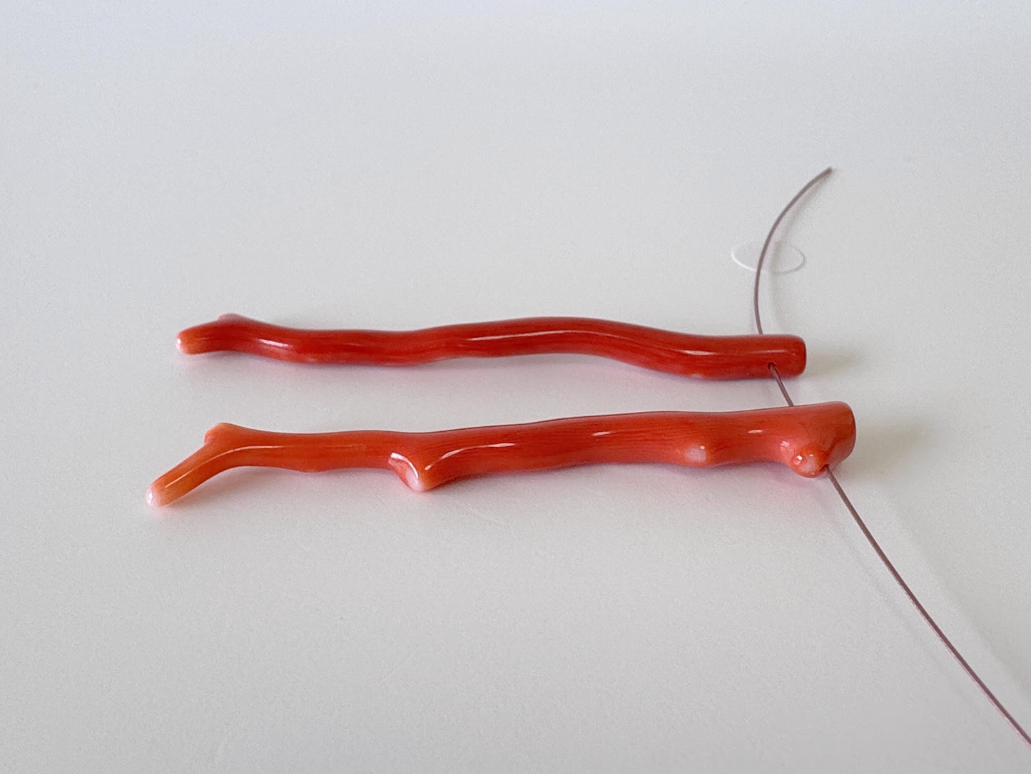 Natural Japanese Momo Coral branches, Set of 2pcs, Natural Dark Orange Color, Side Full-Hole, Genuine Precious Coral, for Jewelry Making