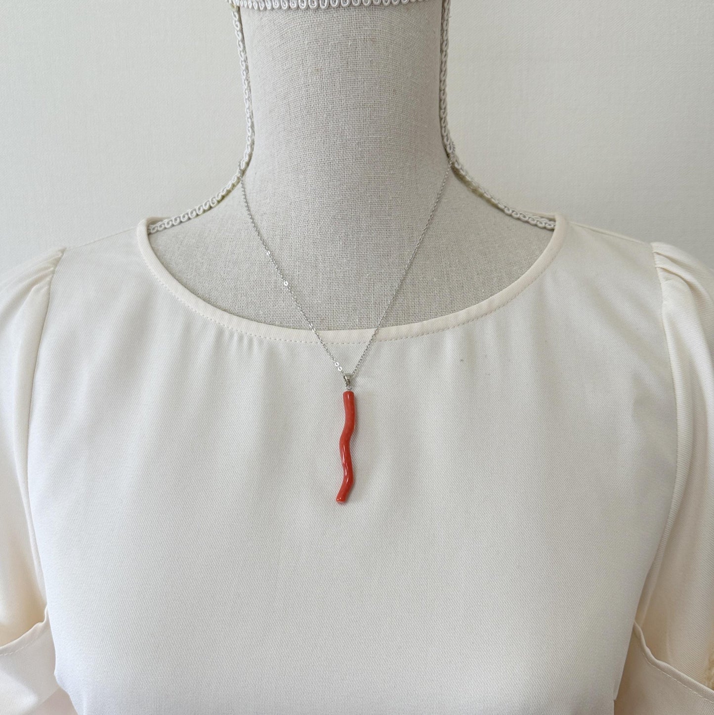 Natural Momo coral branch pendant, 49mm, Natural Japanese Orange color coral branch pendant, Silver (Rhodium-Plated) bail
