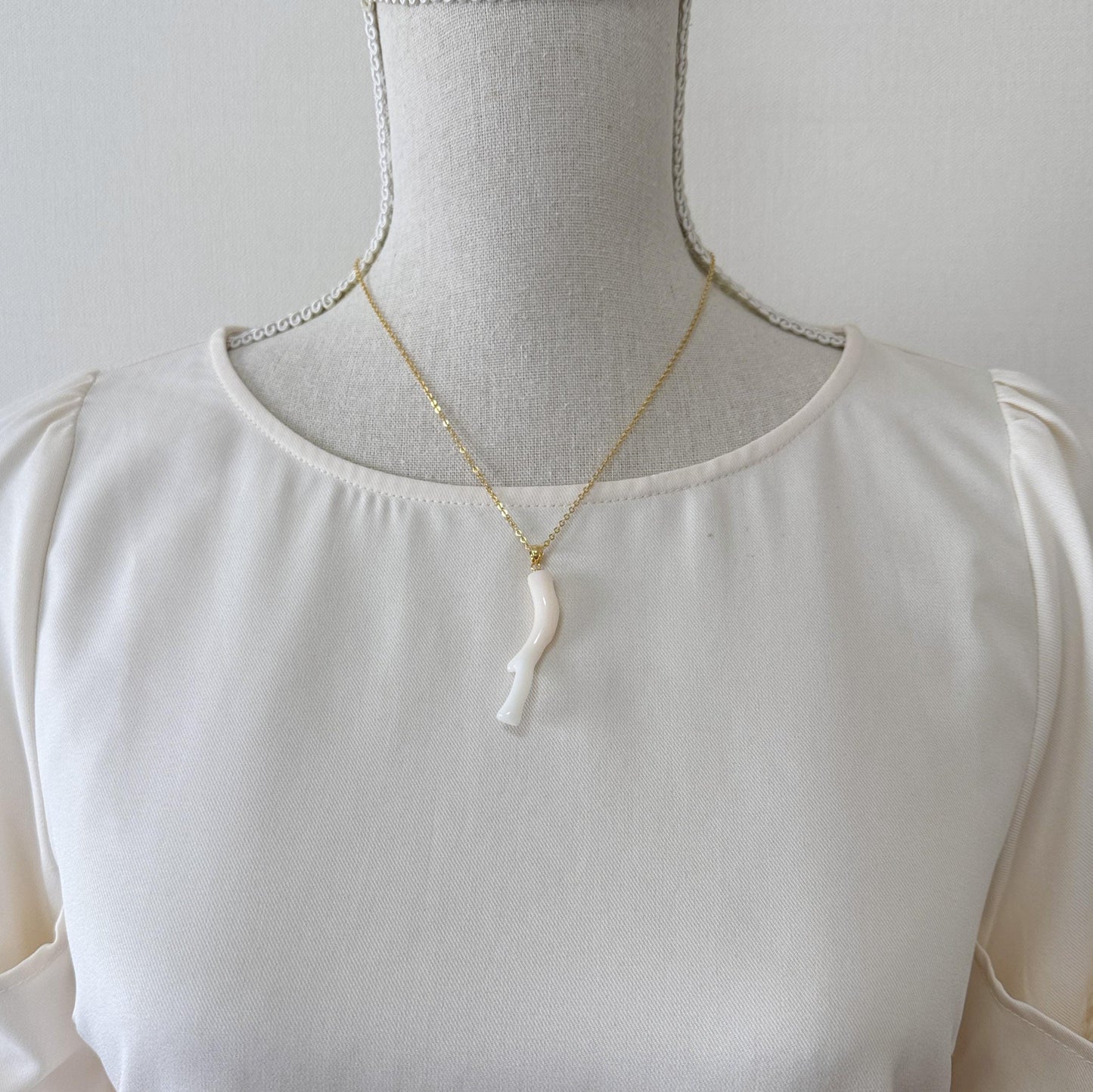 Natural Japanese White Coral Branch Pendant, 47mm, Natural White color genuine precious coral, Silver Bail (Gold-Plated)