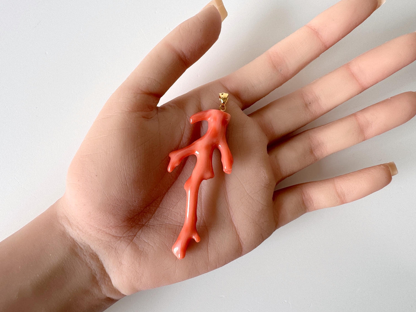 Natural Deep Sea Coral Branch Pendant, 62mm, Natural Orange/Pink color coral branch pendant, Silver (Gold-Plated) bail