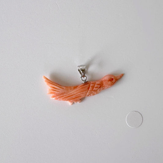 Natural Deep Sea Coral Bird Carving Pendant, Natural Pink Color Coral, Silver (Rhodium-plated) Bail, Hand Carved