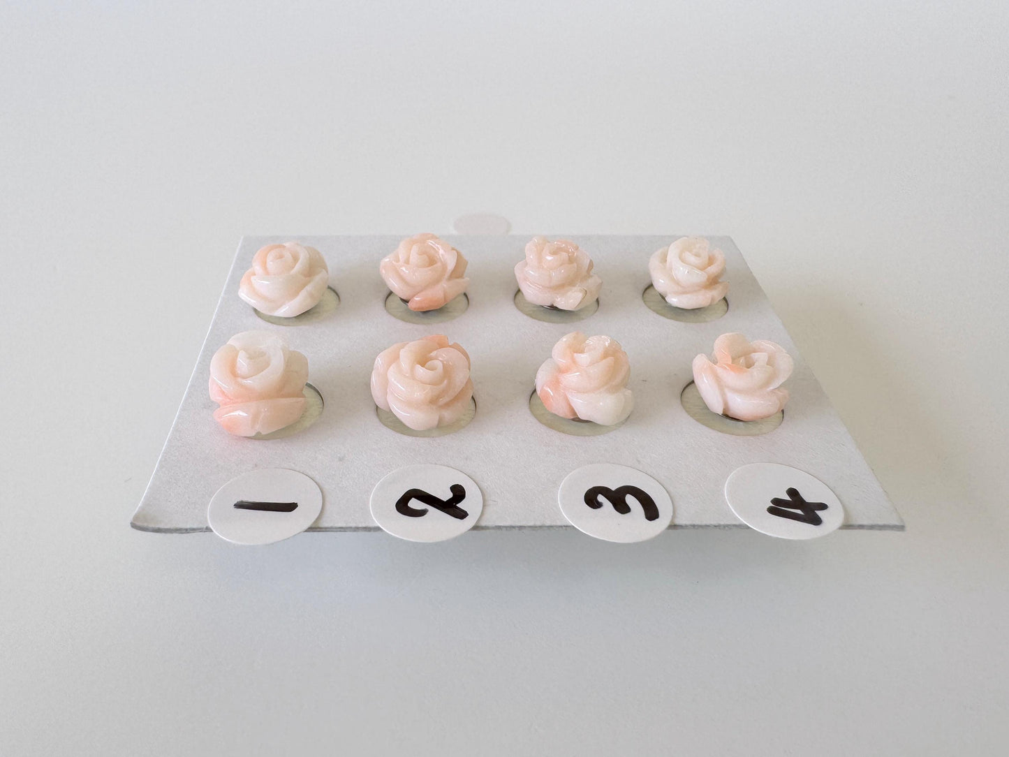 Hand-Carved Coral Rose Stud Earrings: Titanium Posts, Pink & White