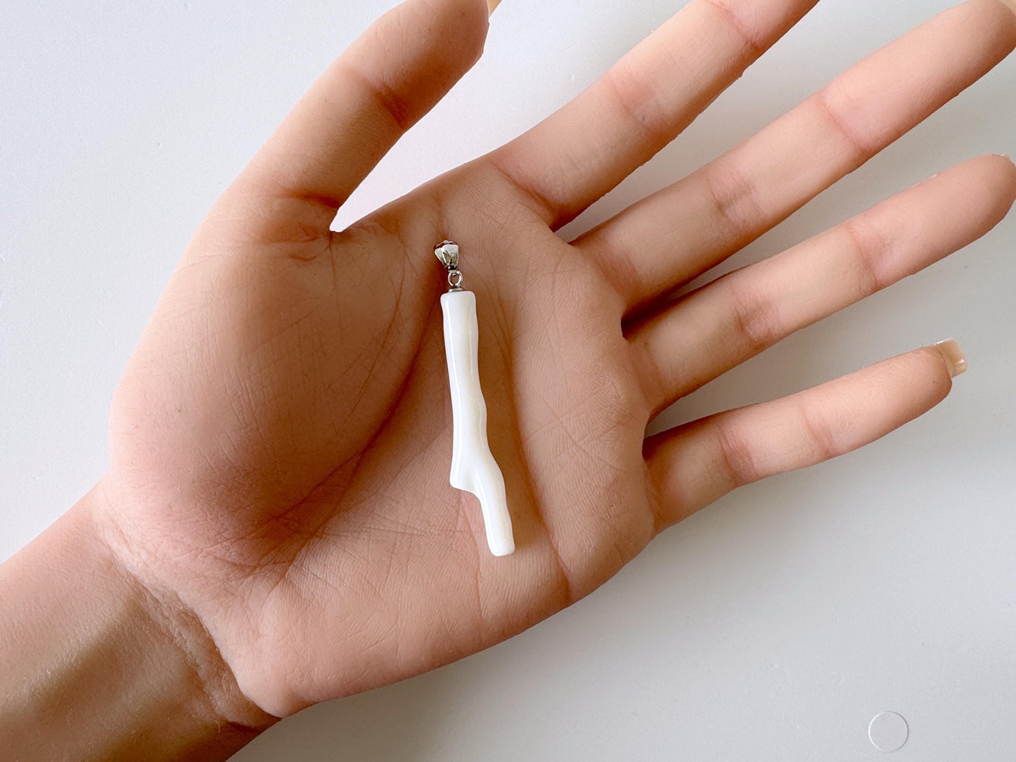 Natural Japanese White Coral Branch Pendant, 44mm, Natural White color genuine precious coral, Silver Bail (Rhodium-Plated)