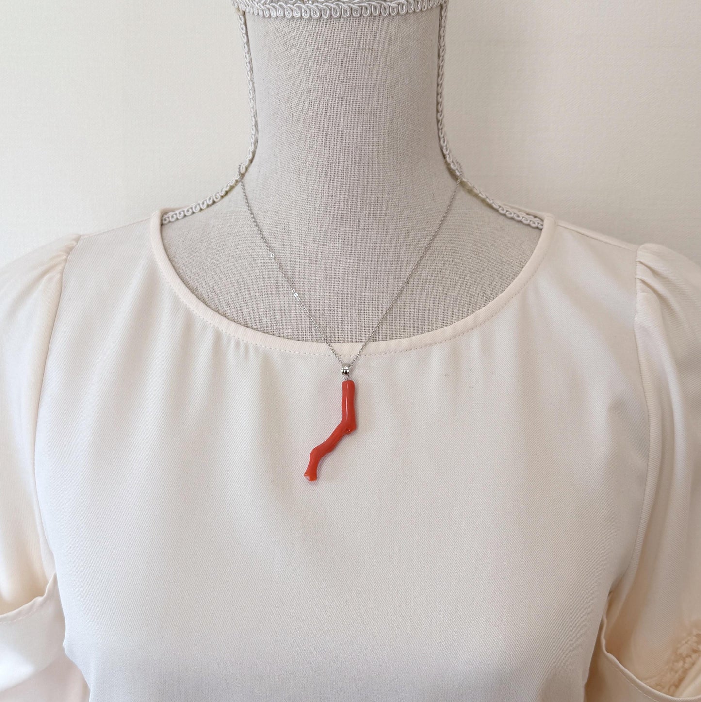 Momo Coral Branch Pendant: Japanese Vermilion Orange Coral - Silver Rhodium-Plated Bail, 50mm Length, Sea Inspired Jewelry Gift