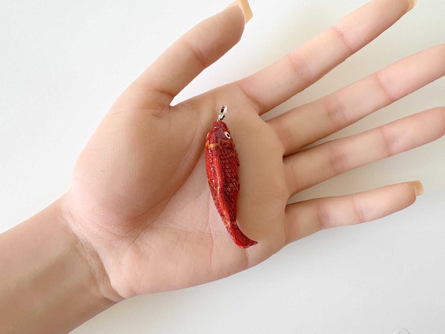 Natural Sponge Coral Carp Carving Pendant, 50mm, Apple Coral Fish Carving, Silver Bail (Rhodium plated)
