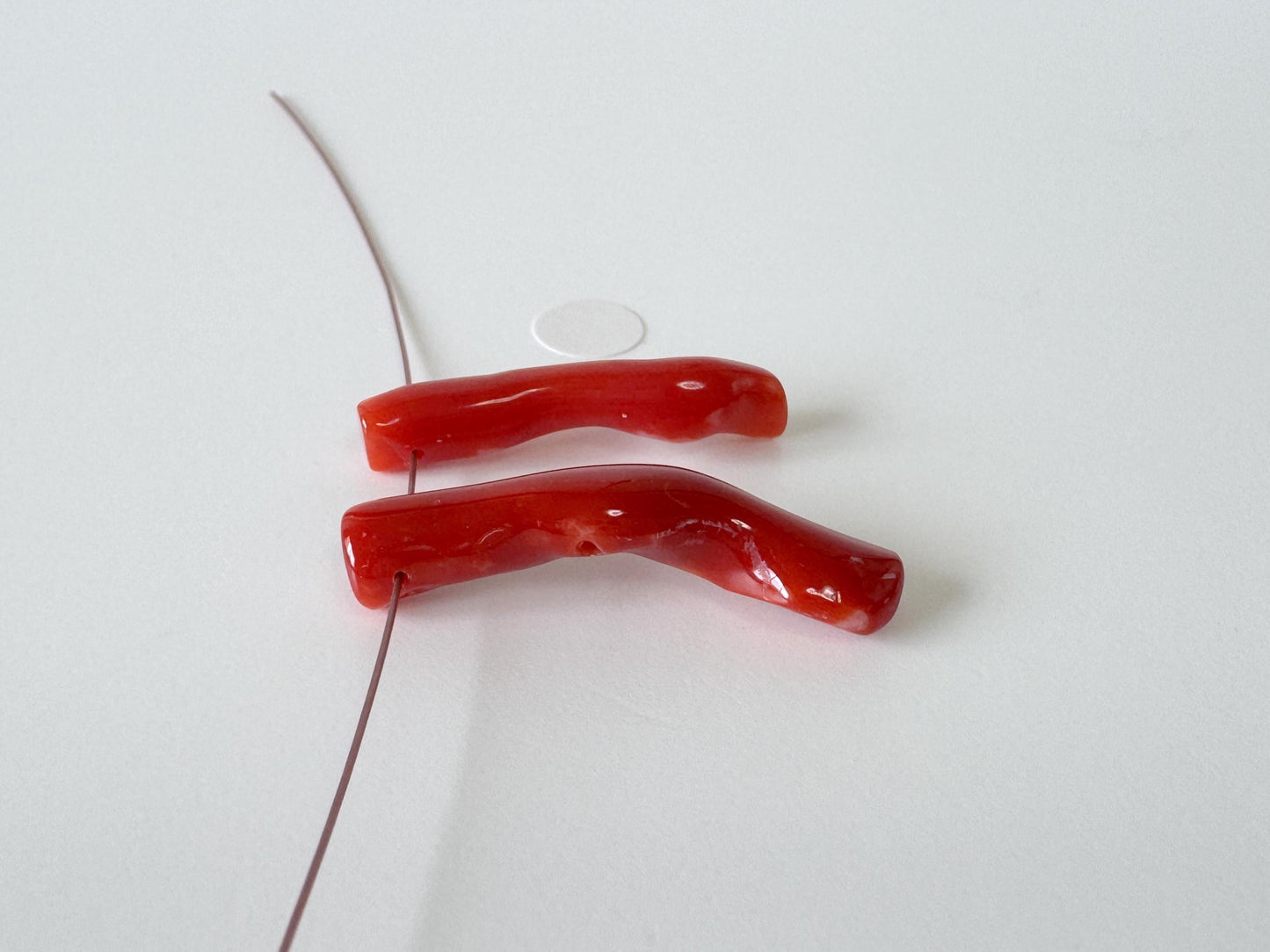 Japanese red(Aka) coral branch set for 2pcs, 27-30mm, side full hole, natural red color coral for jewelry making