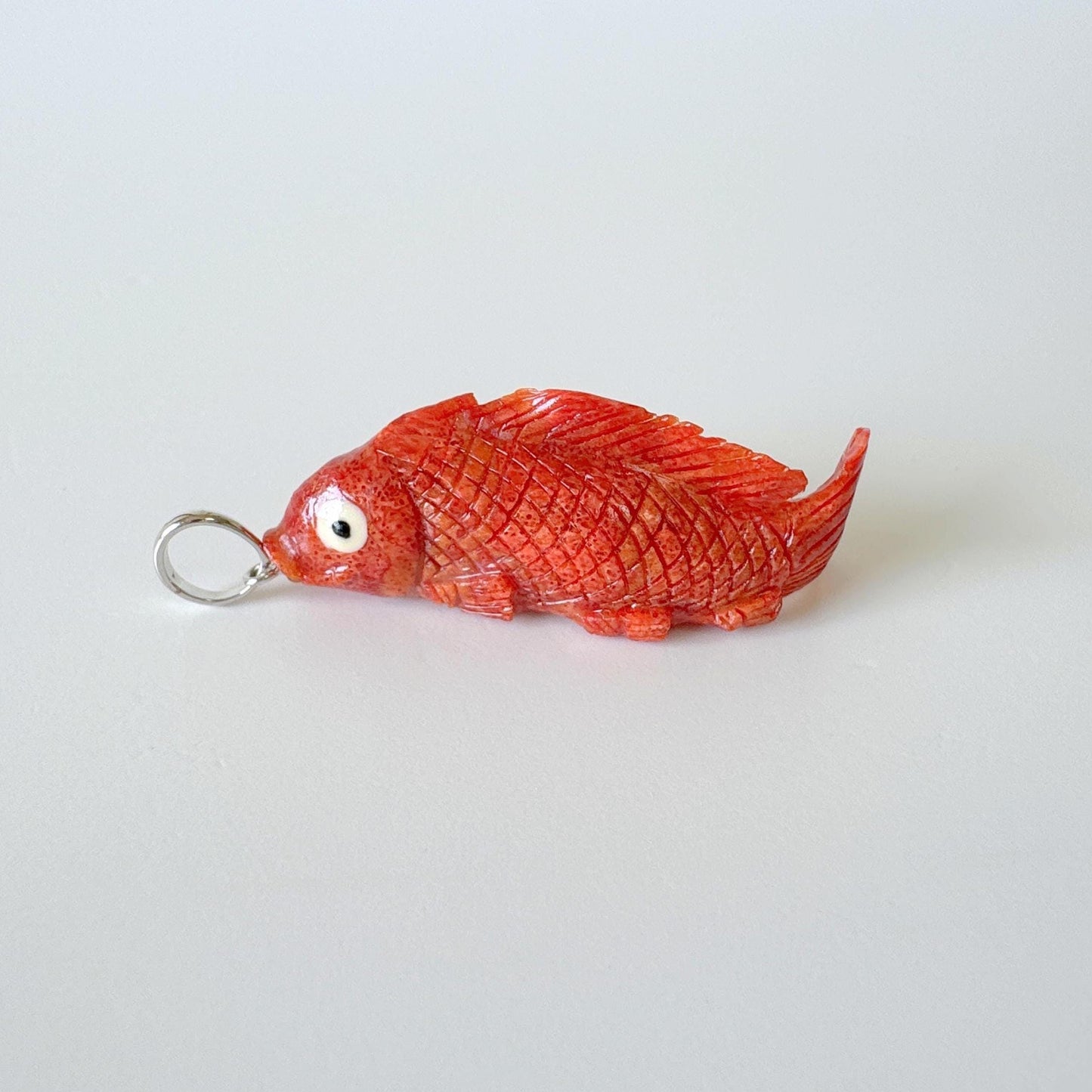Natural Sponge Coral Carp Carving Pendant, 40mm, Apple Coral Fish Carving, Silver Bail (Rhodium plated)