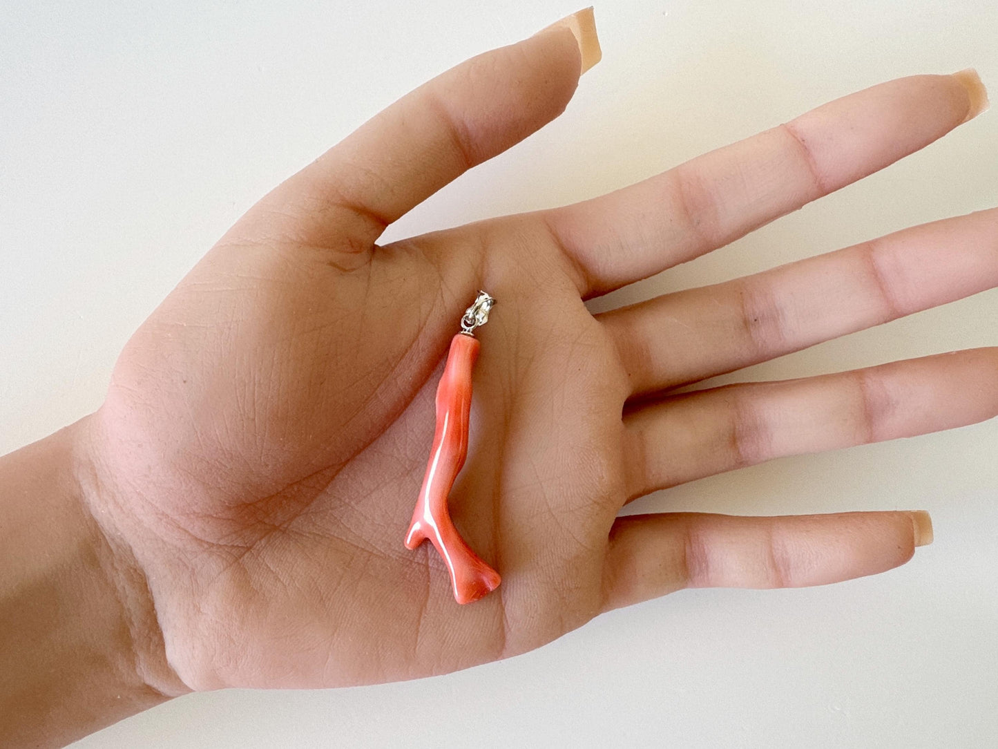 Natural Deep Sea Coral Branch Pendant, 45mm, Natural Orange/Pink color coral branch pendant, Silver (Rhodium-Plated) bail