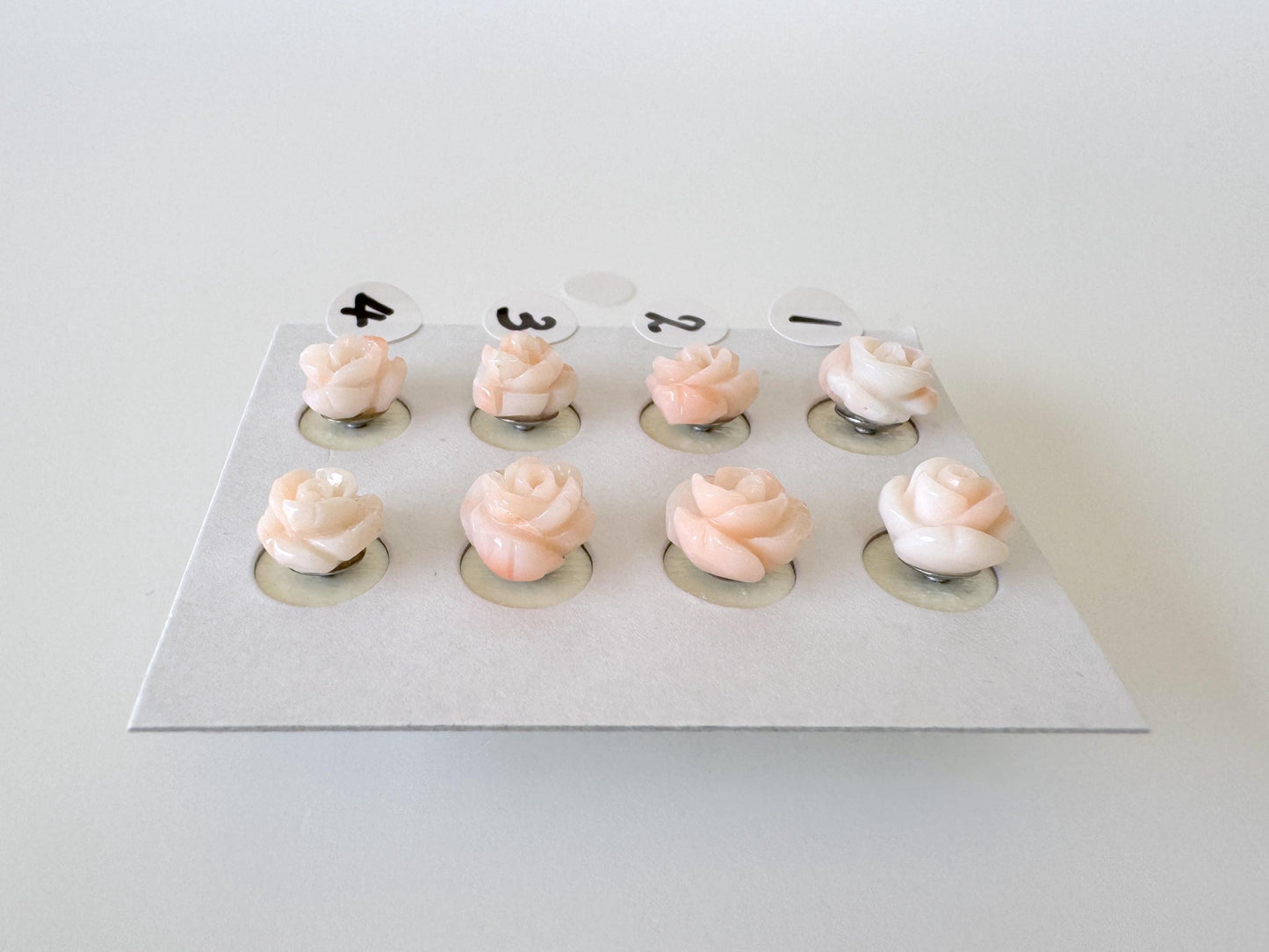 Hand-Carved Coral Rose Stud Earrings: Titanium Posts, Pink & White