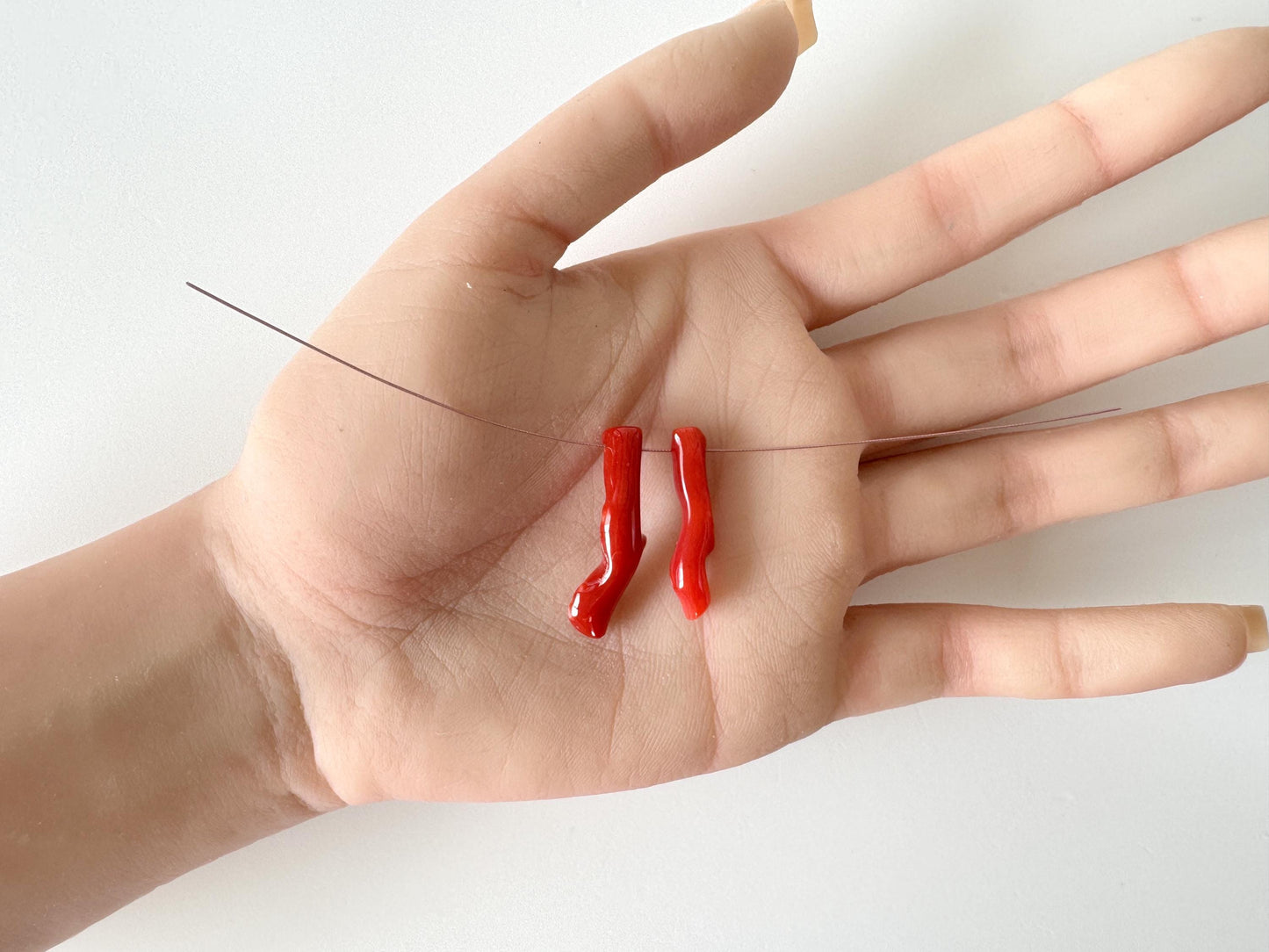 Japanese red(Aka) coral branch set for 2pcs, 27-30mm, side full hole, natural red color coral for jewelry making