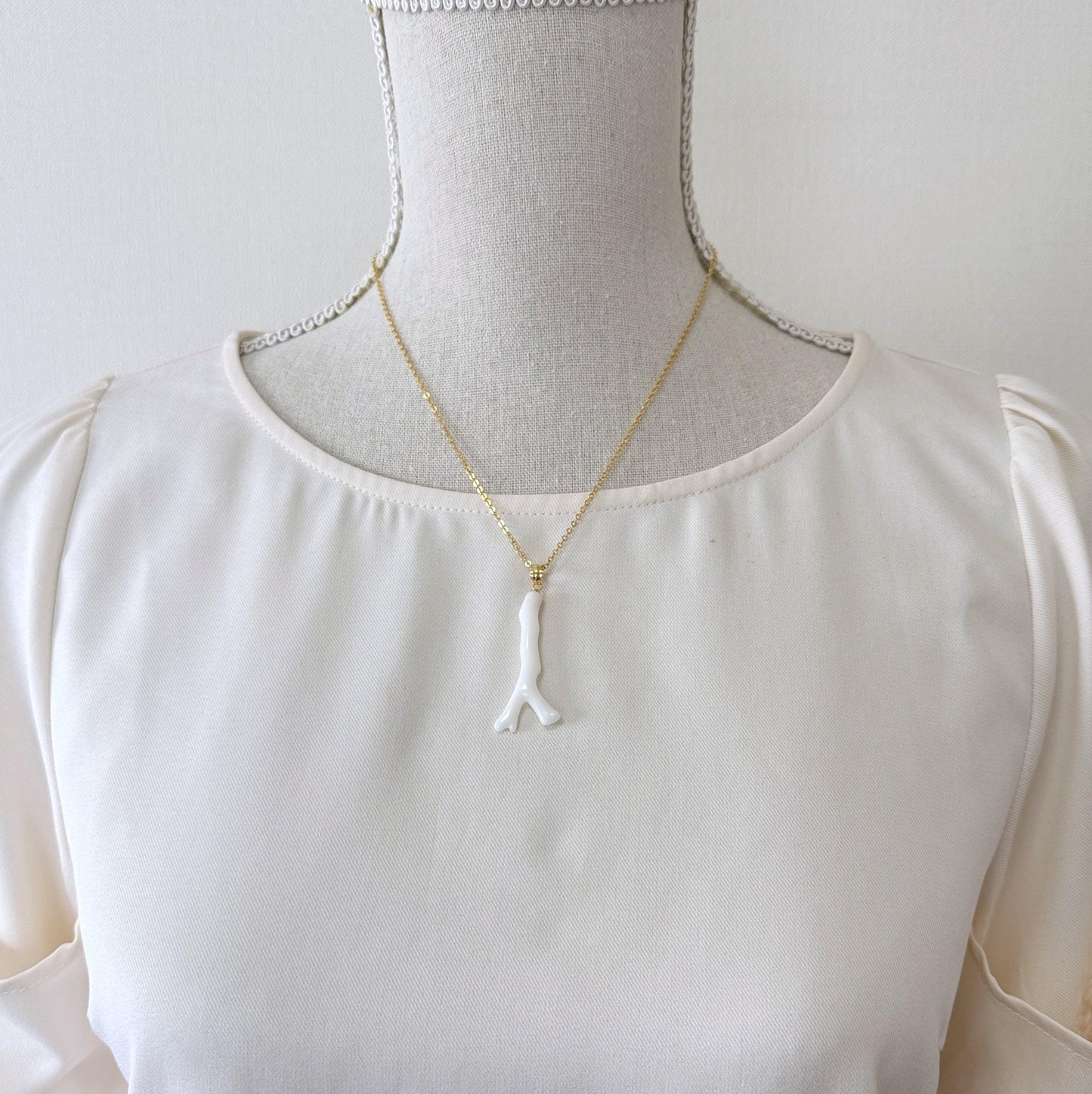 Natural Japanese White Coral Branch Pendant, 40mm, Natural White color genuine precious coral, Silver Bail (Gold-Plated)