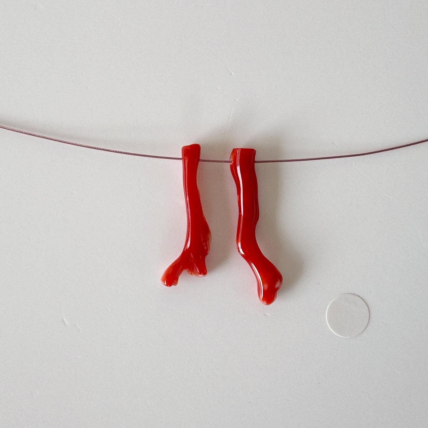 Japanese red(Aka) coral branch set for 2pcs, 25-27mm, side full hole, natural red color coral for jewelry making