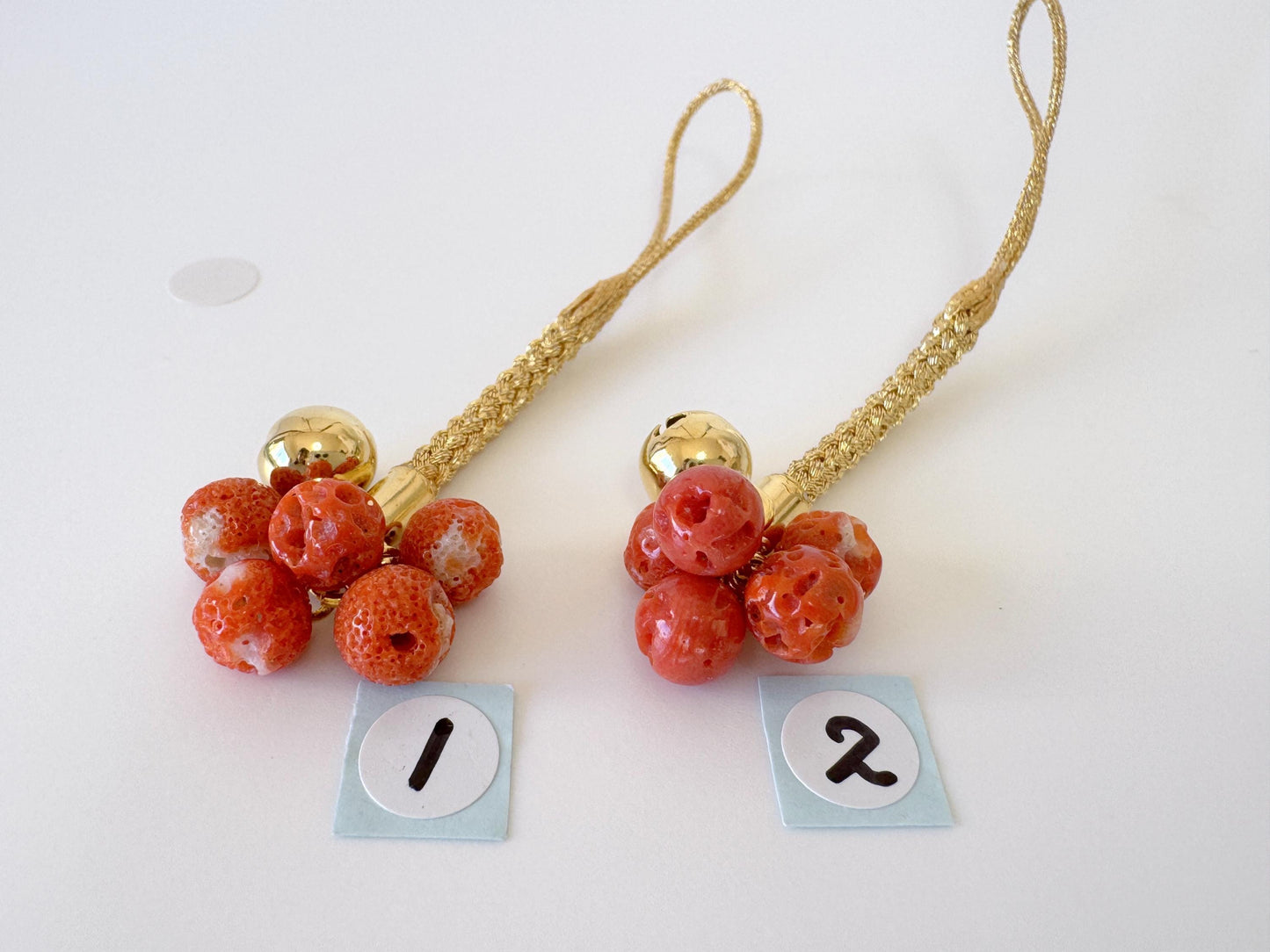 Lucky charm, Natural Aka (red) coral key strap, Netsuke strap, Natural color precious coral