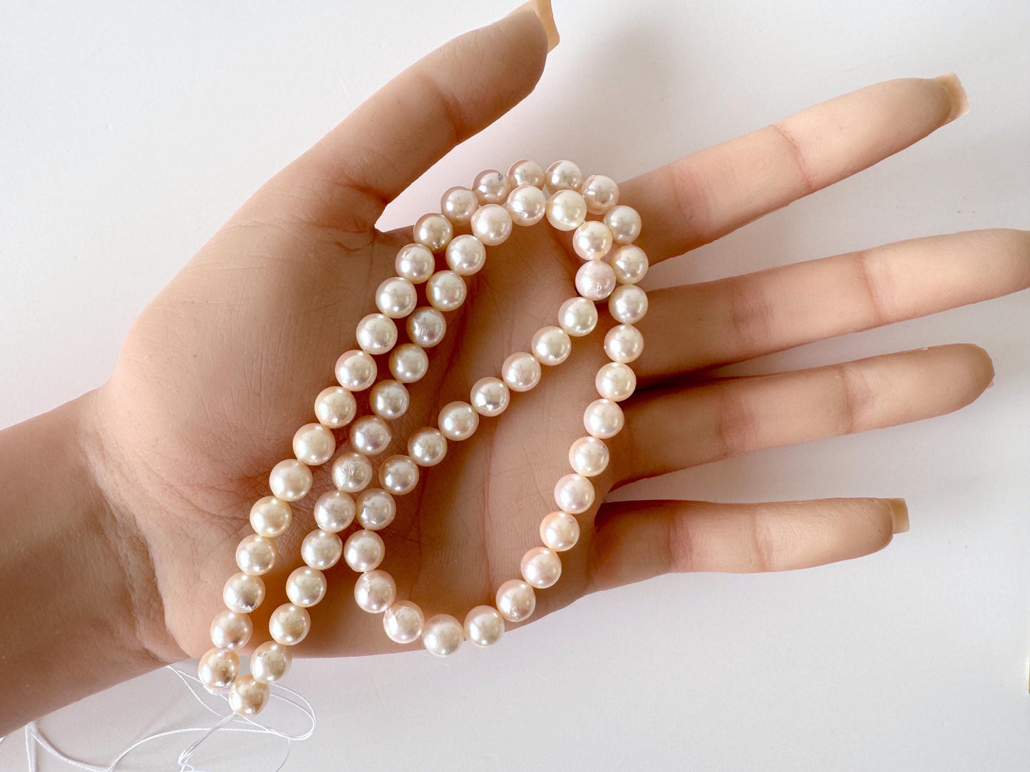 6.5-7mm Japanese White/Pink Akoya Pearl Beads, Genuine Akoya Pearl, Full Strand, 40cm , 15.7", Cultured Salt water pearl