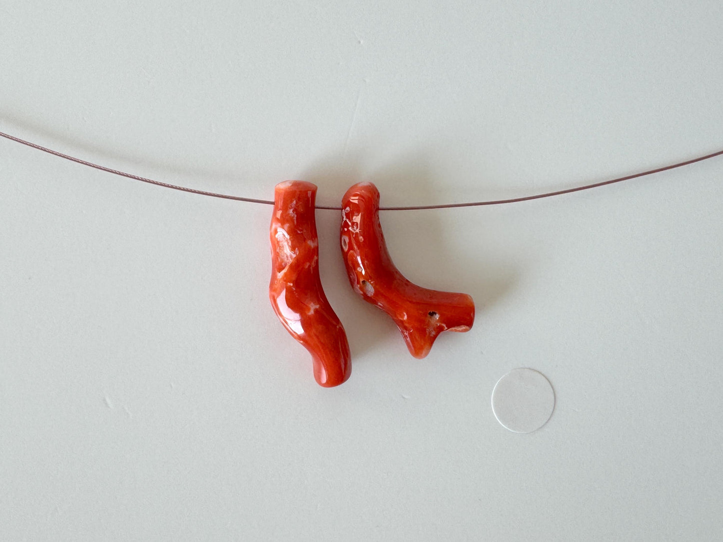 Japanese red(Aka) coral branch set for 2pcs, 23-24mm, side full hole, natural red color coral for jewelry making