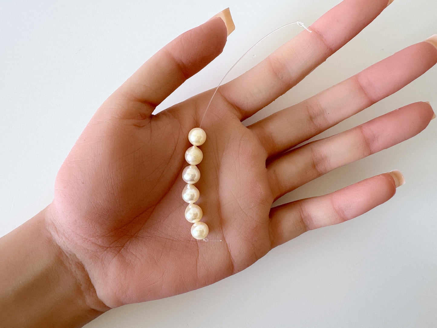 Japanese Akoya Pearl Beads: Cream White Semi-Round/Semi-baroque, 7-7.5mm, Short Strand | Cultured Saltwater, Genuine Gems, 6 Pieces