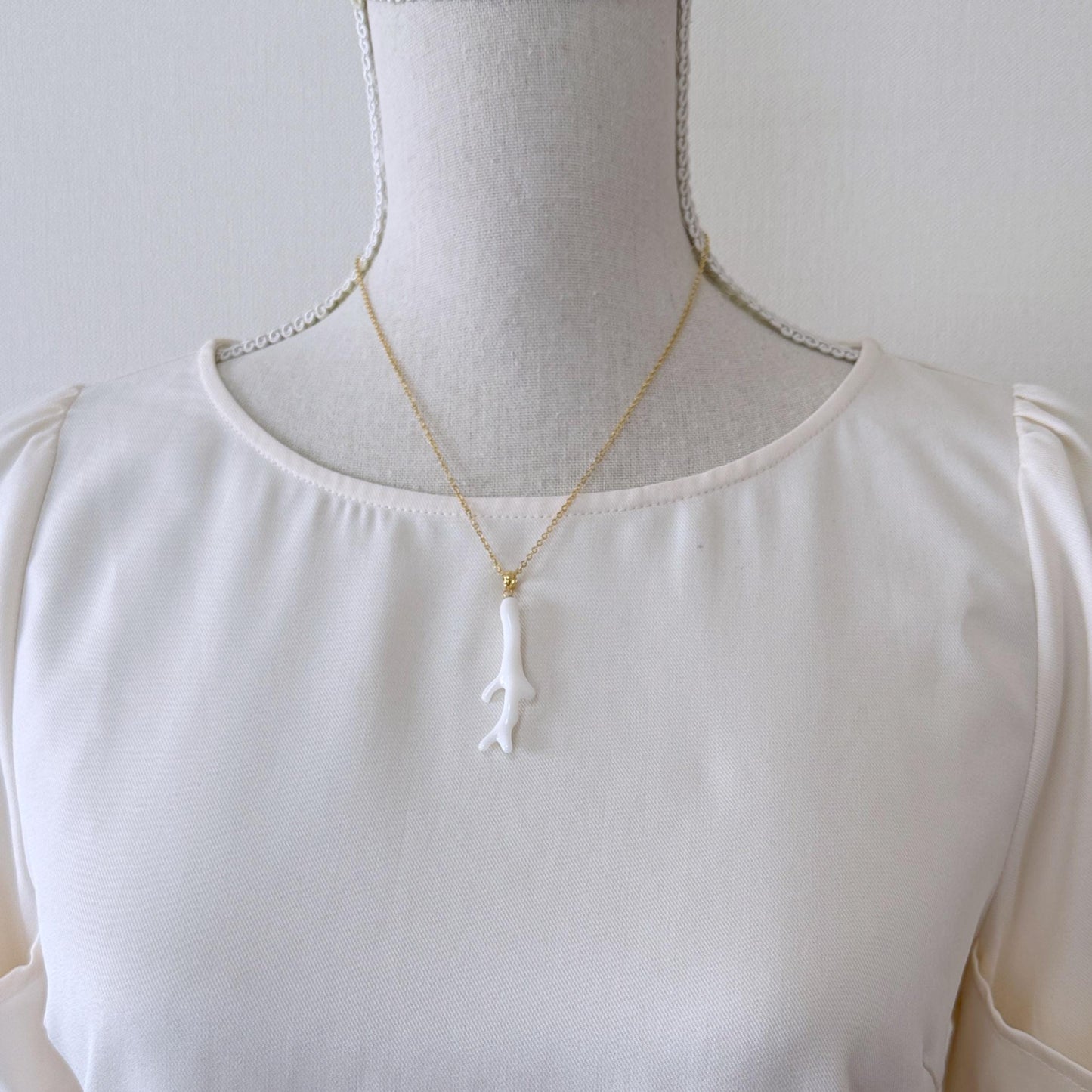 Natural Japanese White Coral Branch Pendant, 47mm, Natural White color genuine precious coral, Silver Bail (Gold-Plated)