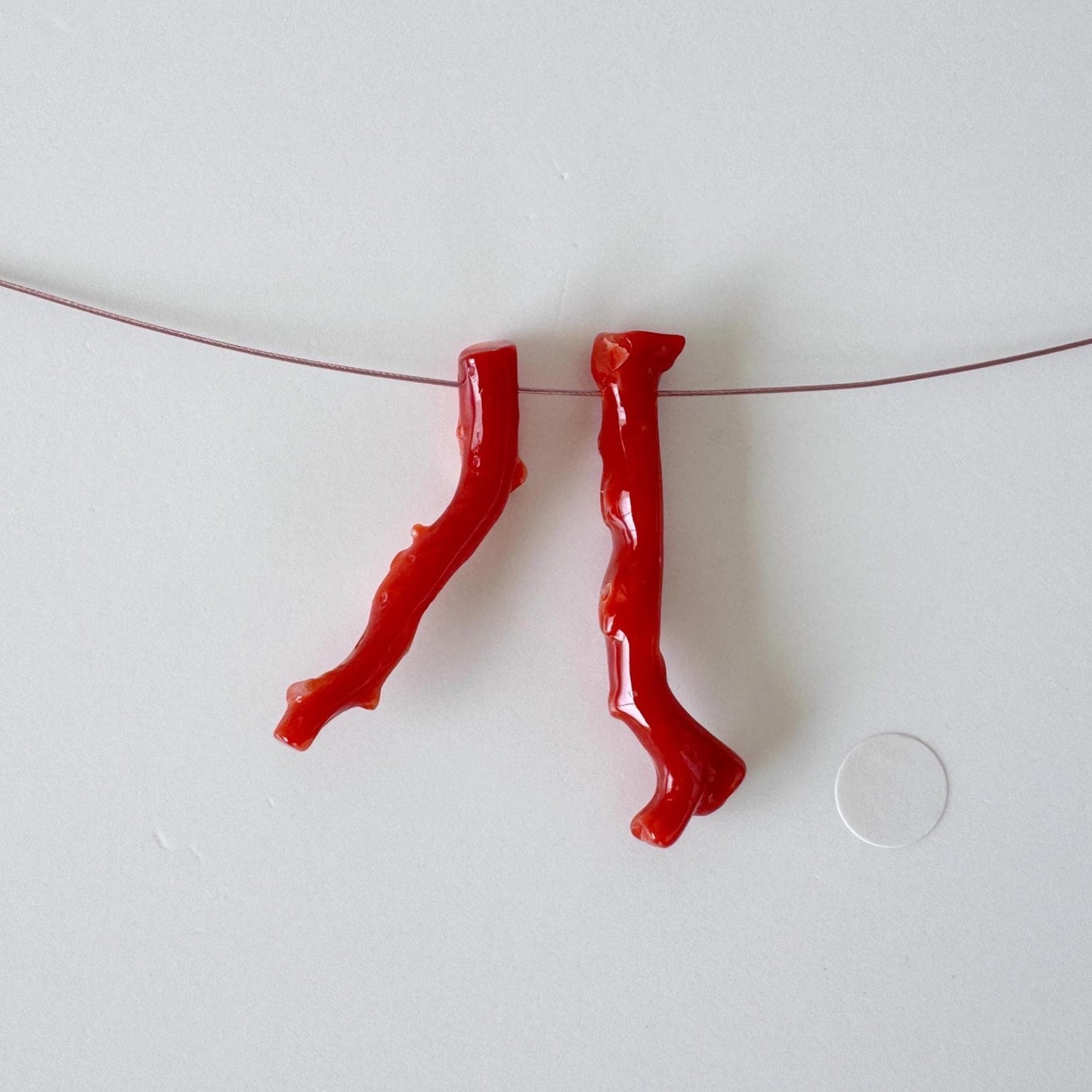 Japanese red(Aka) coral branch set for 2pcs, 30-34mm, side full hole, natural red color coral for jewelry making