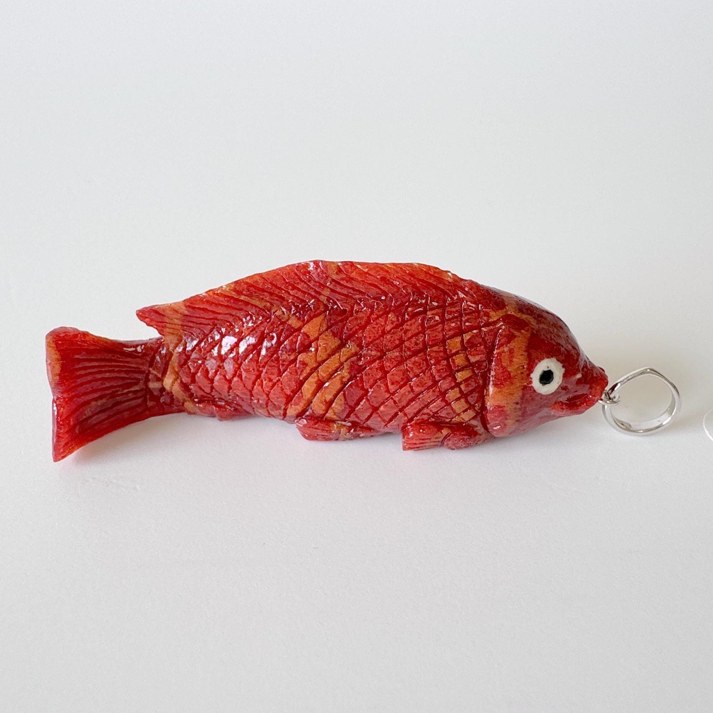 Natural Sponge Coral Carp Carving Pendant, 50mm, Apple Coral Fish Carving, Silver Bail (Rhodium plated)