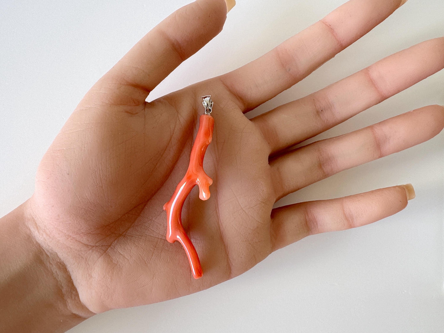Natural Deep Sea Coral Branch Pendant, 55mm, Natural Orange/Pink color coral branch pendant, Silver (Rhodium-Plated) bail