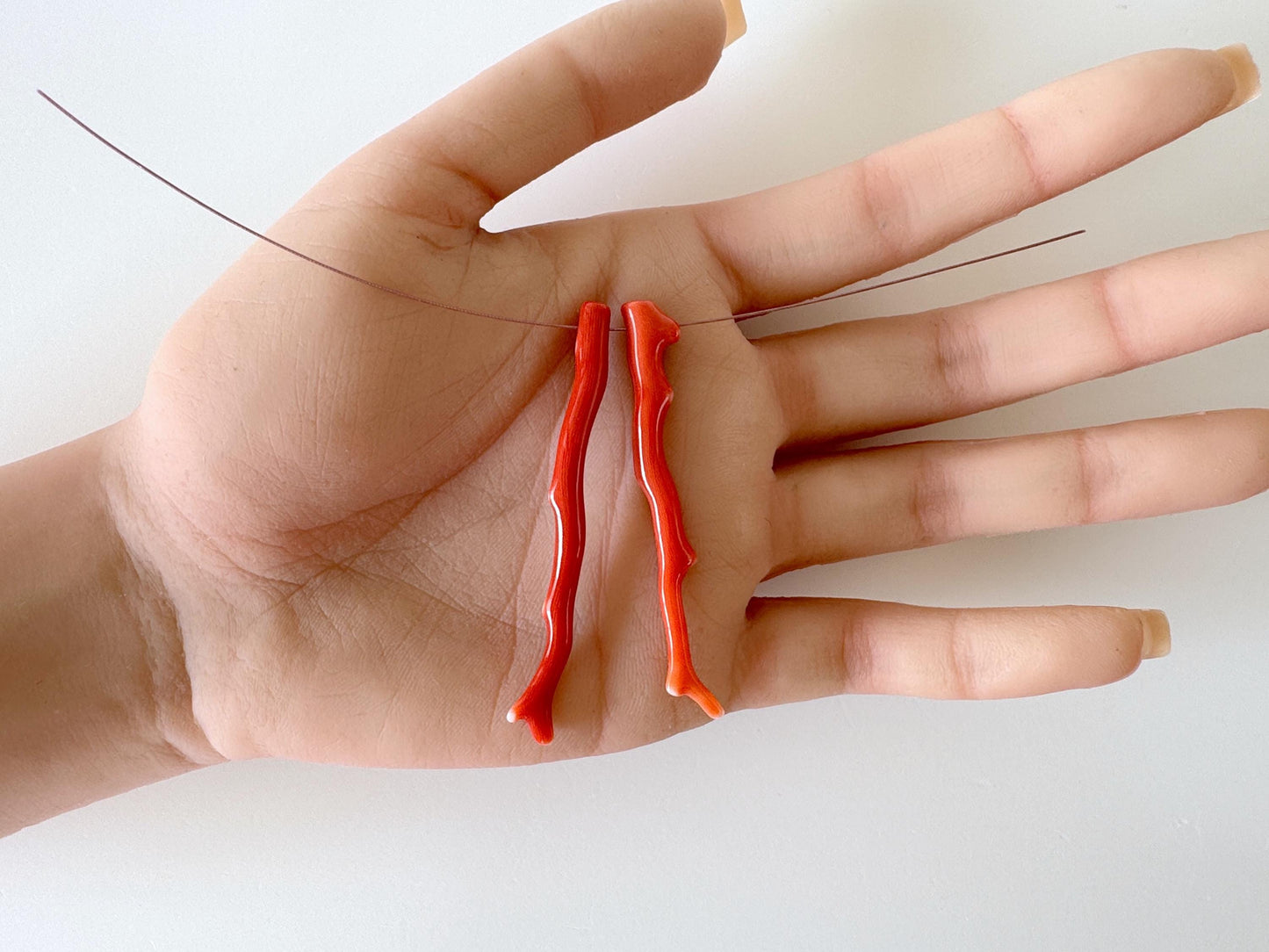 Natural Japanese Momo Coral branches, Set of 2pcs, Natural Dark Orange Color, Side Full-Hole, Genuine Precious Coral, for Jewelry Making