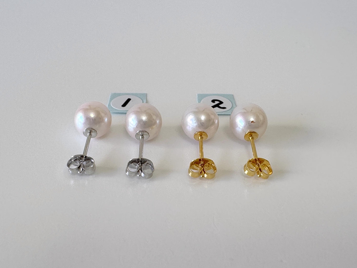 Japanese White Akoya Pearl Stud Earrings, 8mm, Silver 925 Post/Ear Nuts, Genuine Akoya Pearl, Salt water cultured pearl