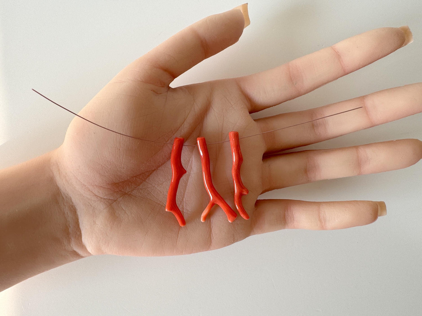 Natural Japanese Momo Coral branches, Set of 3pcs, Natural Orange Color, Side Full-Hole, Genuine Precious Coral, for Jewelry Making