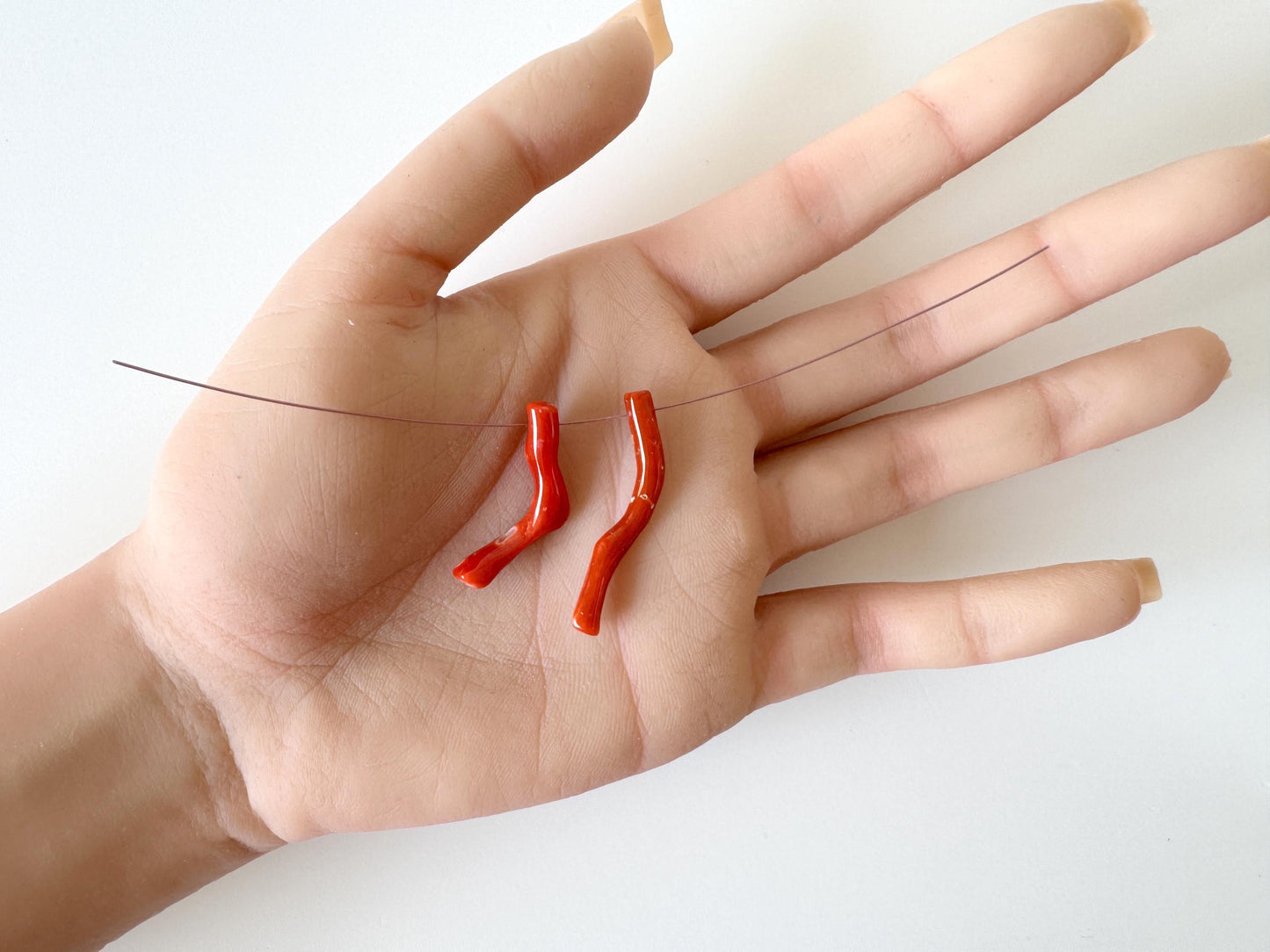 Japanese red(Aka) coral branch set for 2pcs, 28-35mm, side full hole, natural red color coral for jewelry making