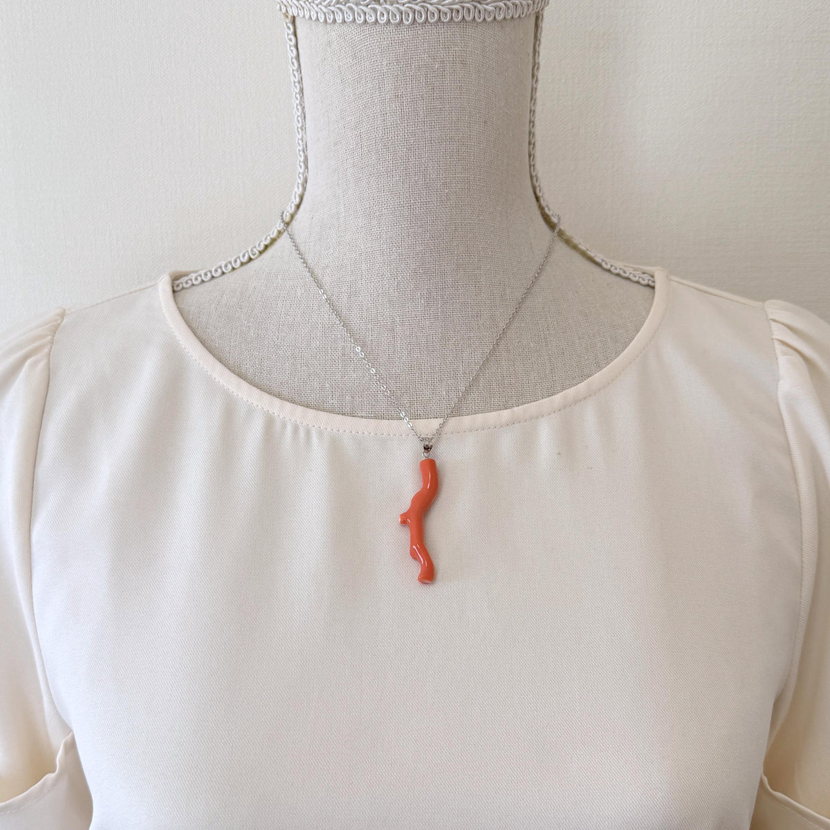 Momo Coral Branch Pendant Natural Jewelry, Japanese Orange Coral (47mm Length, Rhodium-Plated Silver Bail)