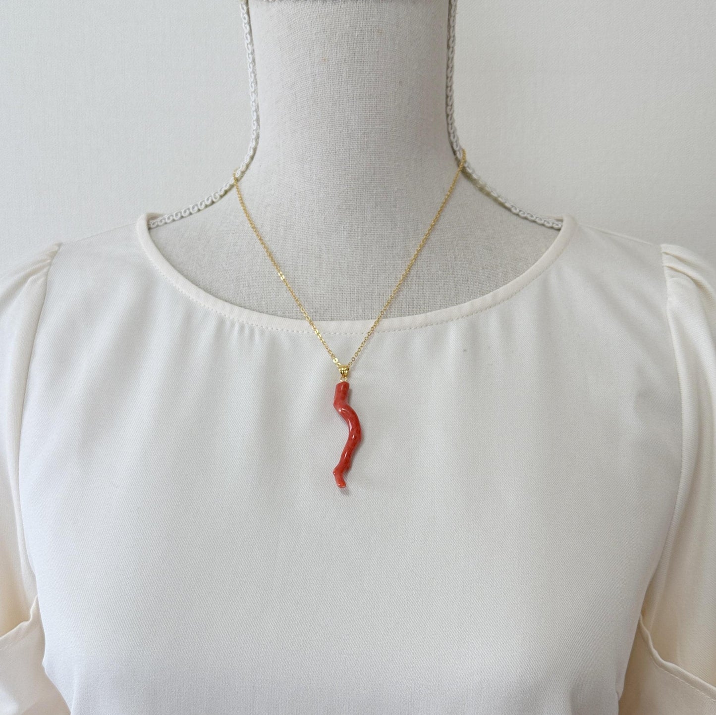 Natural Momo coral branch pendant, 50mm, Natural Japanese dark orange/Vermilion color coral branch pendant, Silver (Gold-Plated) bail
