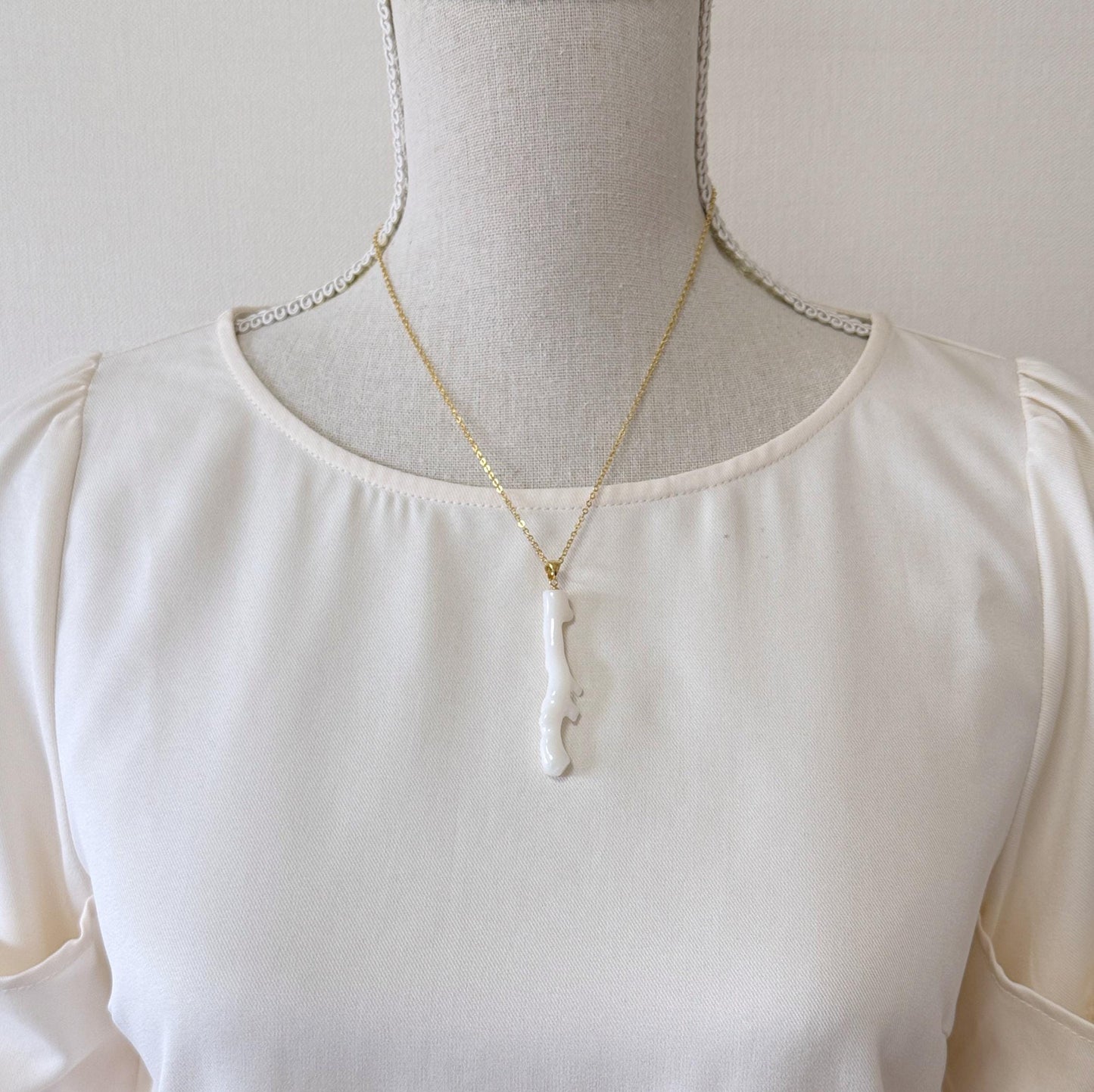 Natural Japanese White Coral Branch Pendant, 55mm, Natural White color genuine precious coral, Silver Bail (Gold-Plated)