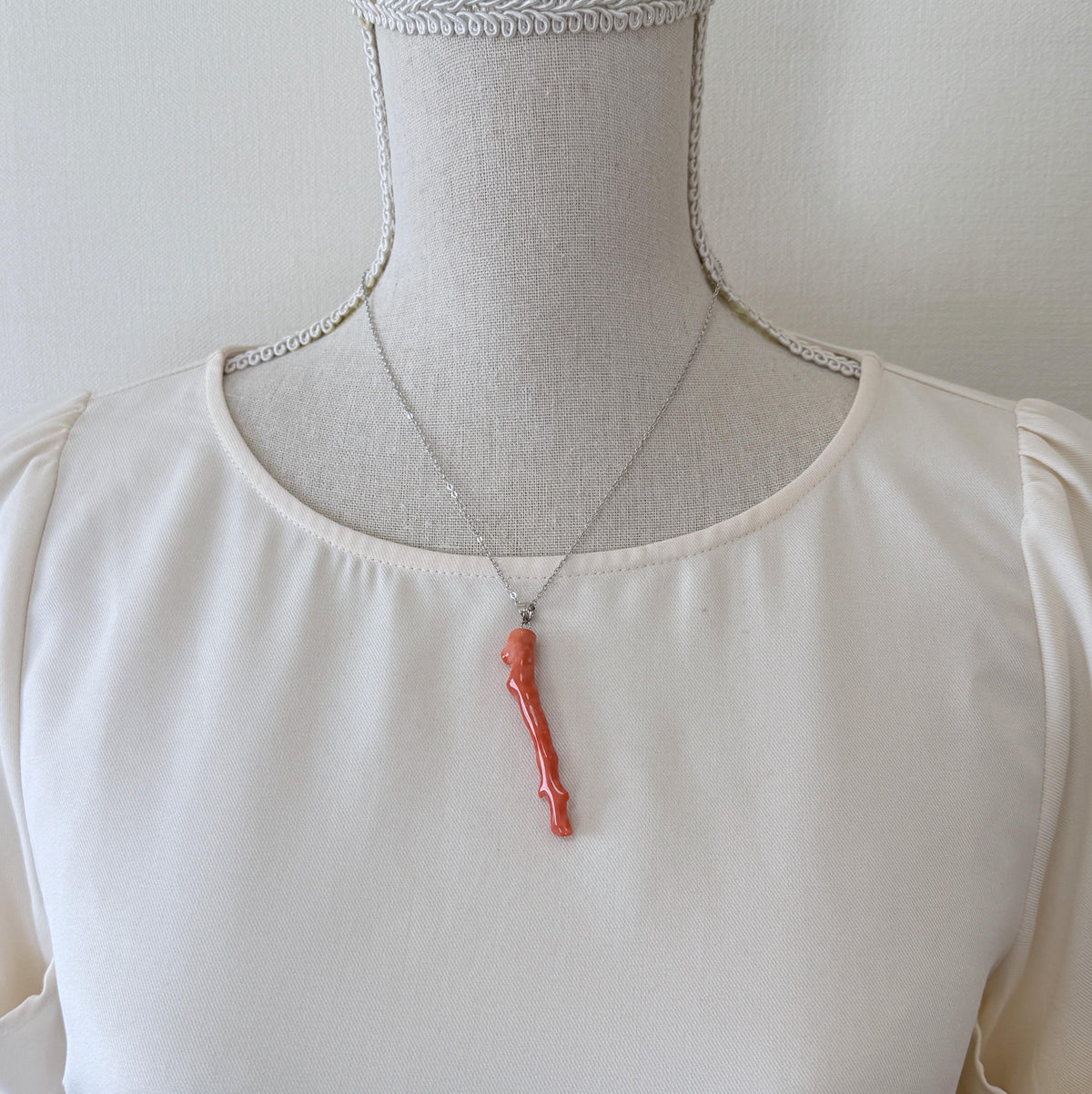 Momo Coral Branch Pendant: Natural Vermilion Orange Coral Jewelry (55mm Length, Rhodium-Plated Silver Bail, Japanese Coral)
