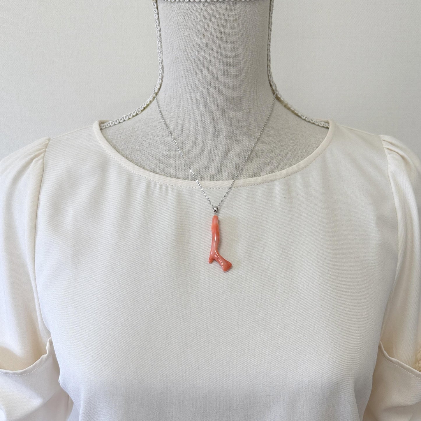 Natural Deep Sea Coral Branch Pendant, 45mm, Natural Orange/Pink color coral branch pendant, Silver (Rhodium-Plated) bail