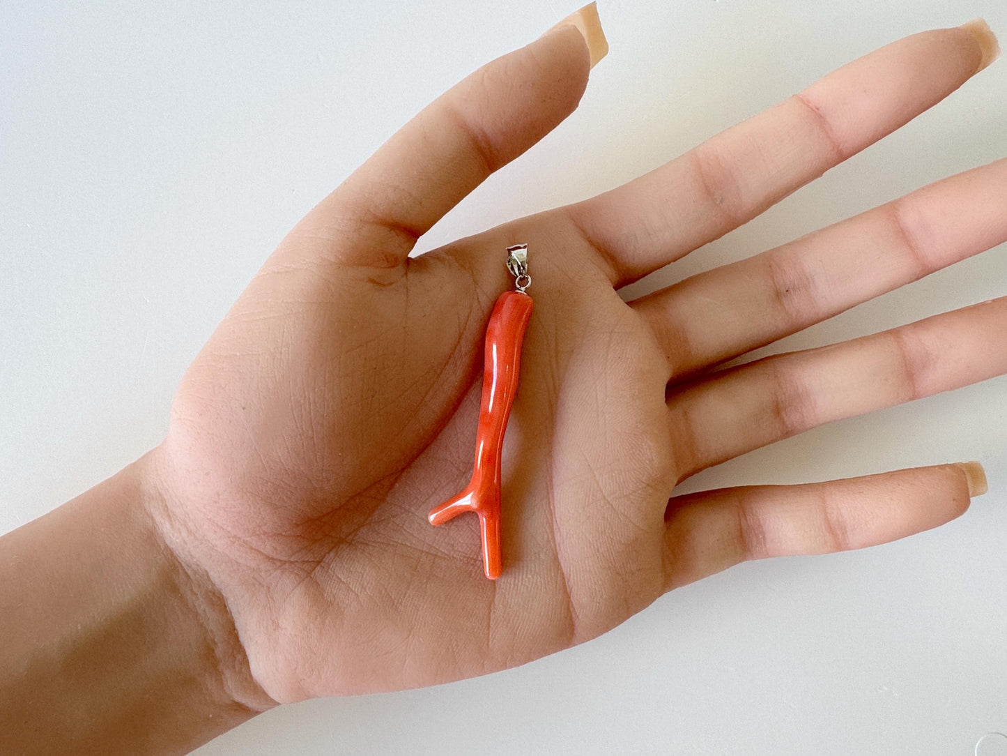 Natural Deep Sea Coral Branch Pendant, 49mm, Natural Orange/Pink color coral branch pendant, Silver (Rhodium-Plated) bail
