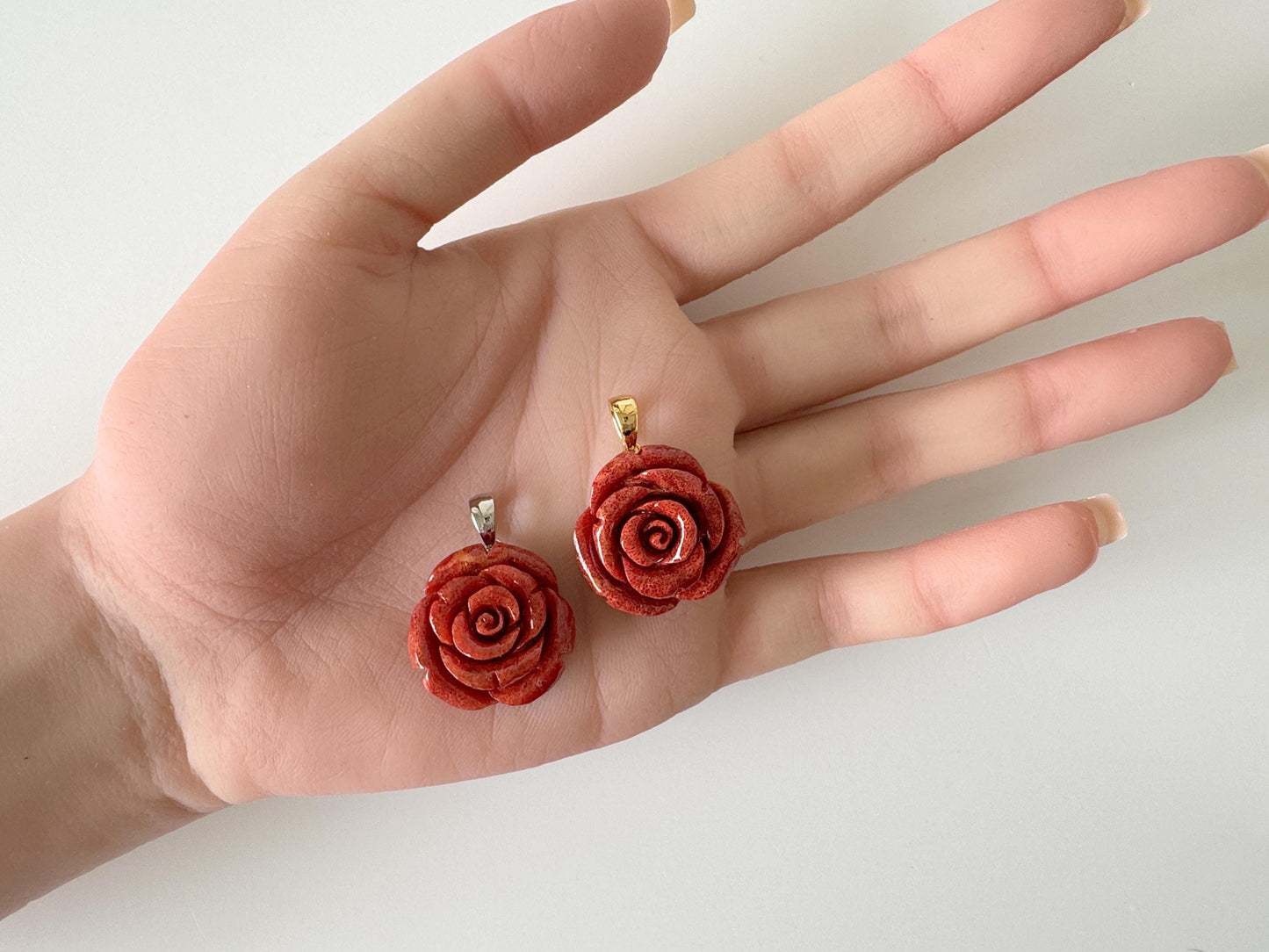 Natural sponge coral rose pendant 20mm, Red color, Brass bail, Price per piece
