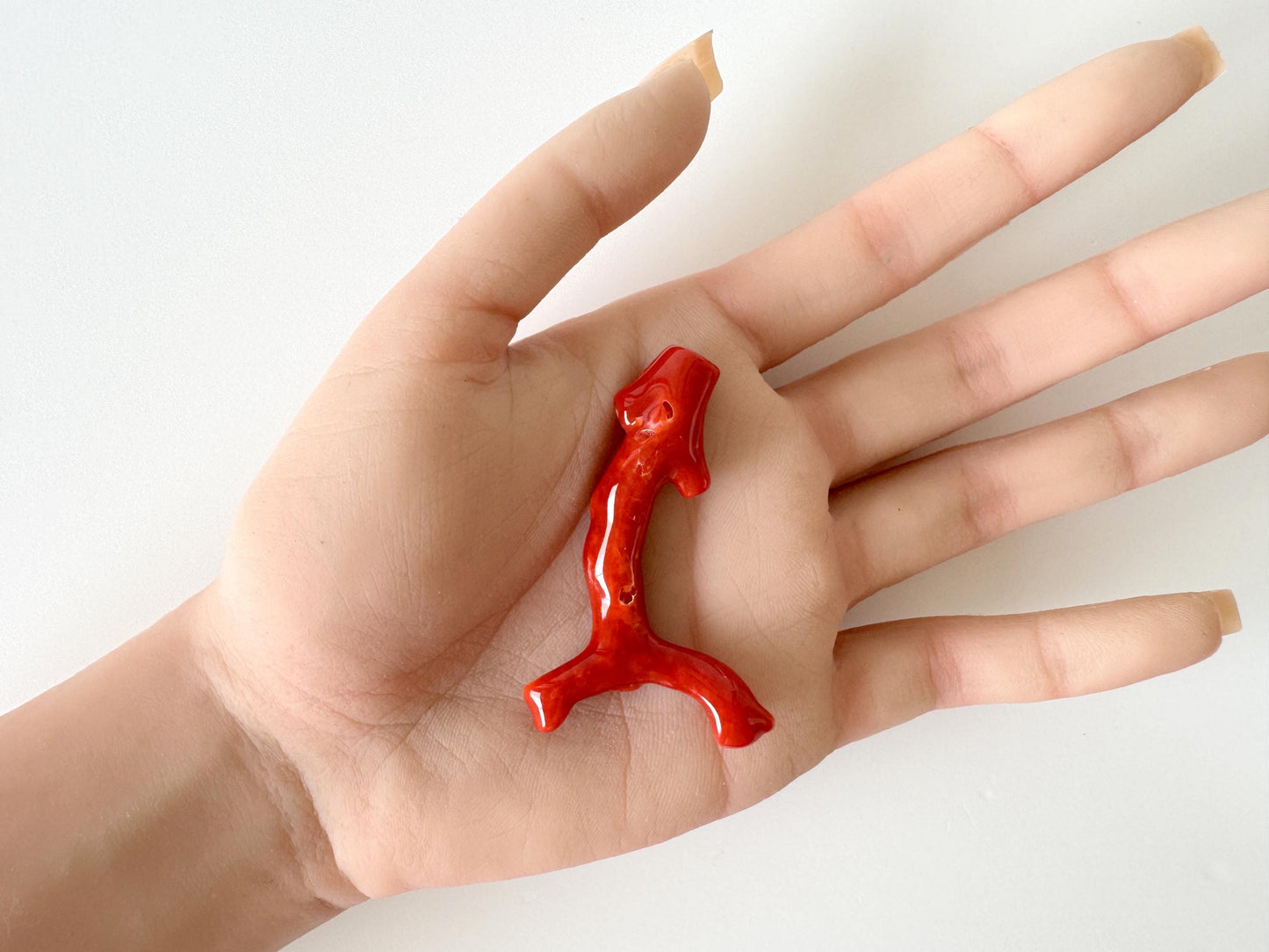 Japanese red(Aka) coral branch, 55mm, Hole on top, Natural red color coral for jewelry making