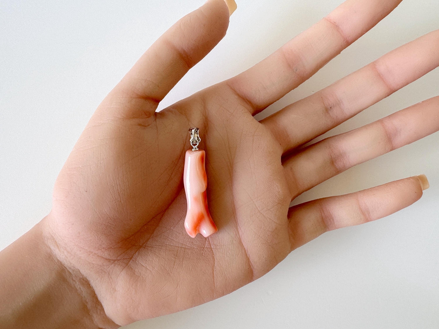 Natural Deep Sea Coral Branch Pendant, 33mm, Natural Pink/Ornge color coral branch pendant, Silver (Rhodium-Plated) bail
