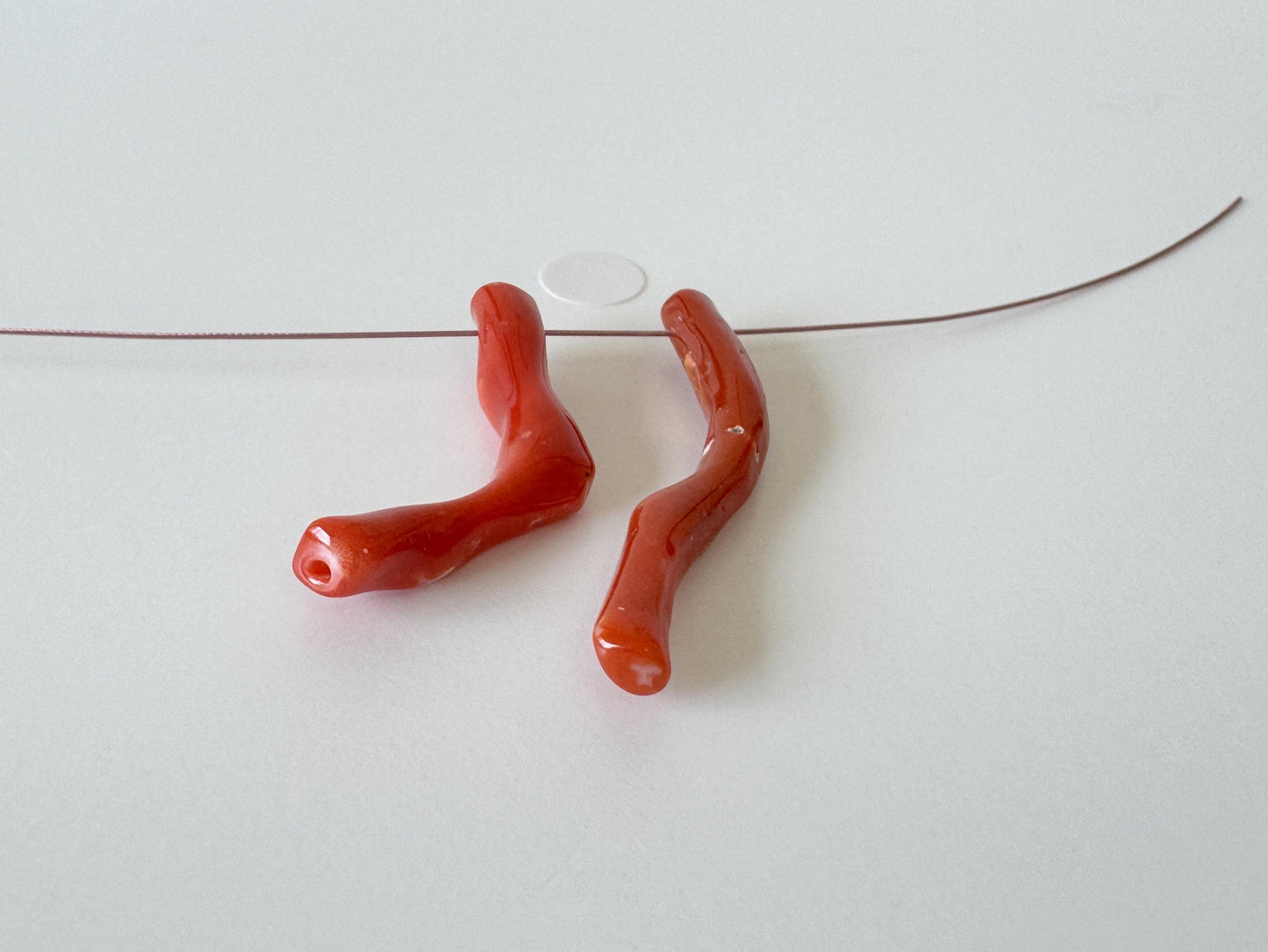 Japanese red(Aka) coral branch set for 2pcs, 28-35mm, side full hole, natural red color coral for jewelry making